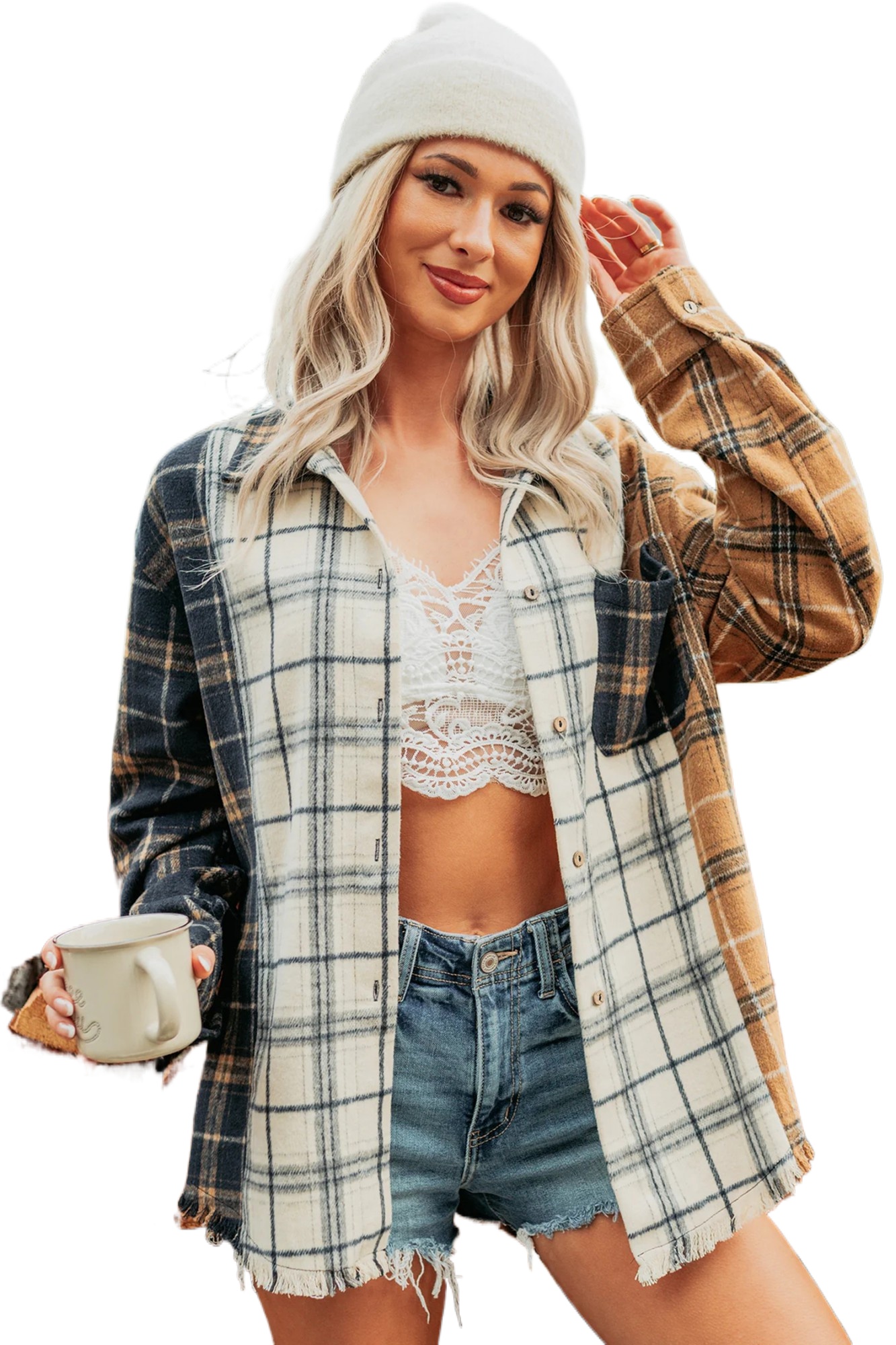 Women's Plaid Button Up Shacket, Casual Long Sleeve Top - Main View