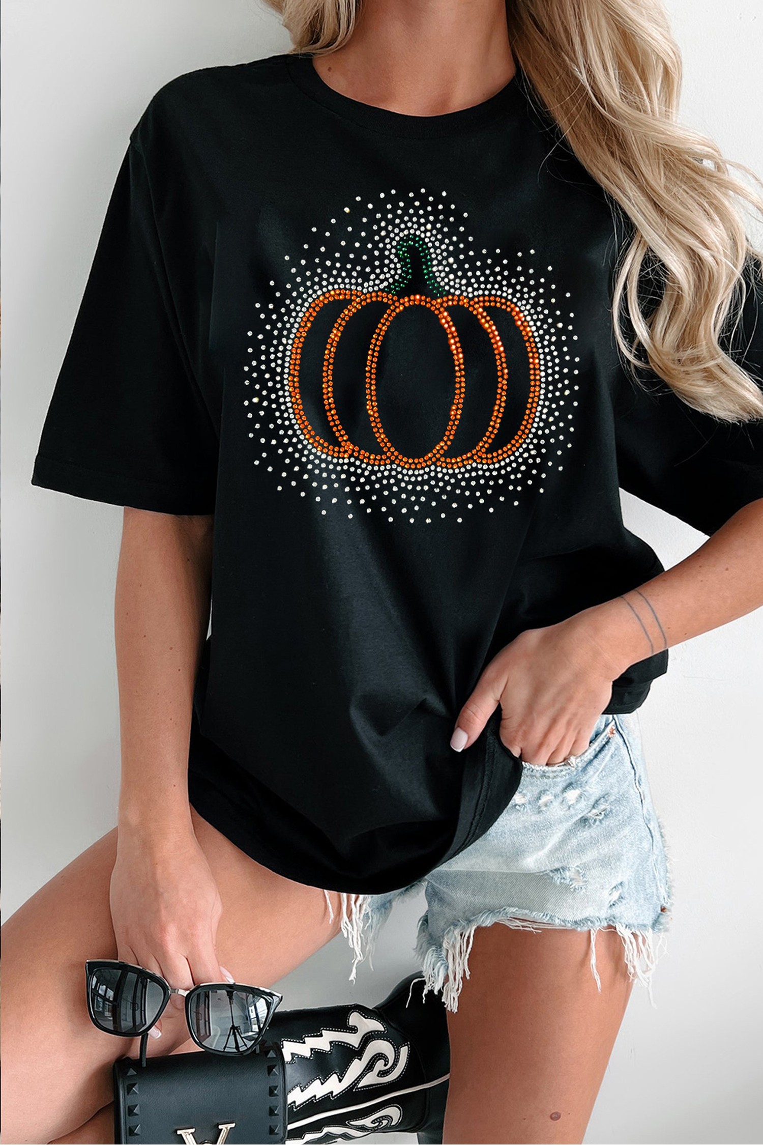 Women's Graphic T Shirt, Rhinestone Pumpkin Fall Tee - Detail View 2