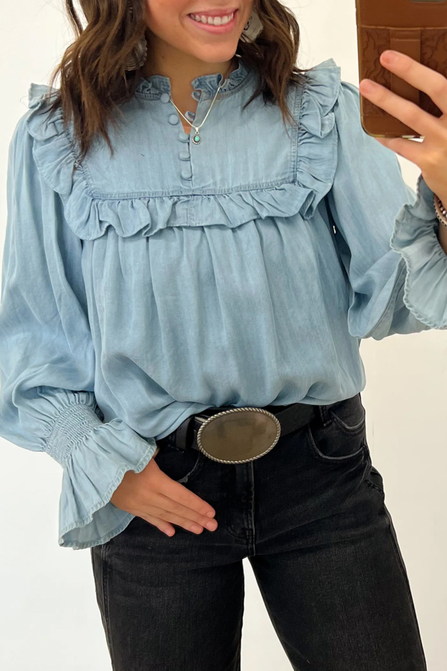 Western Denim Blouse, Ruffle Sleeve Casual Blue Top - Detail View 2