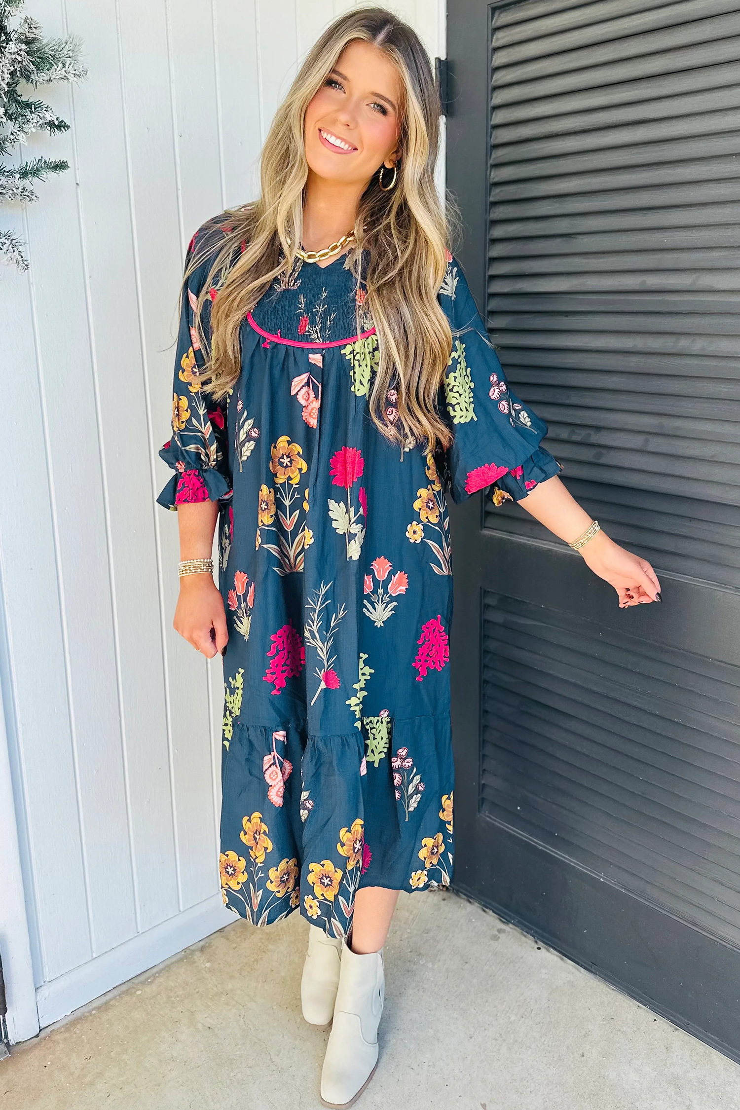 Women's Blue Floral Midi Dress – Casual Smocked A-Line - Detail View 7