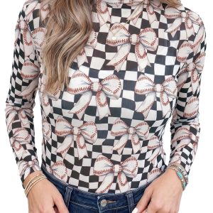 Womens Checkered Baseball Bow Mesh Top, Casual Game Day Wear - Main View