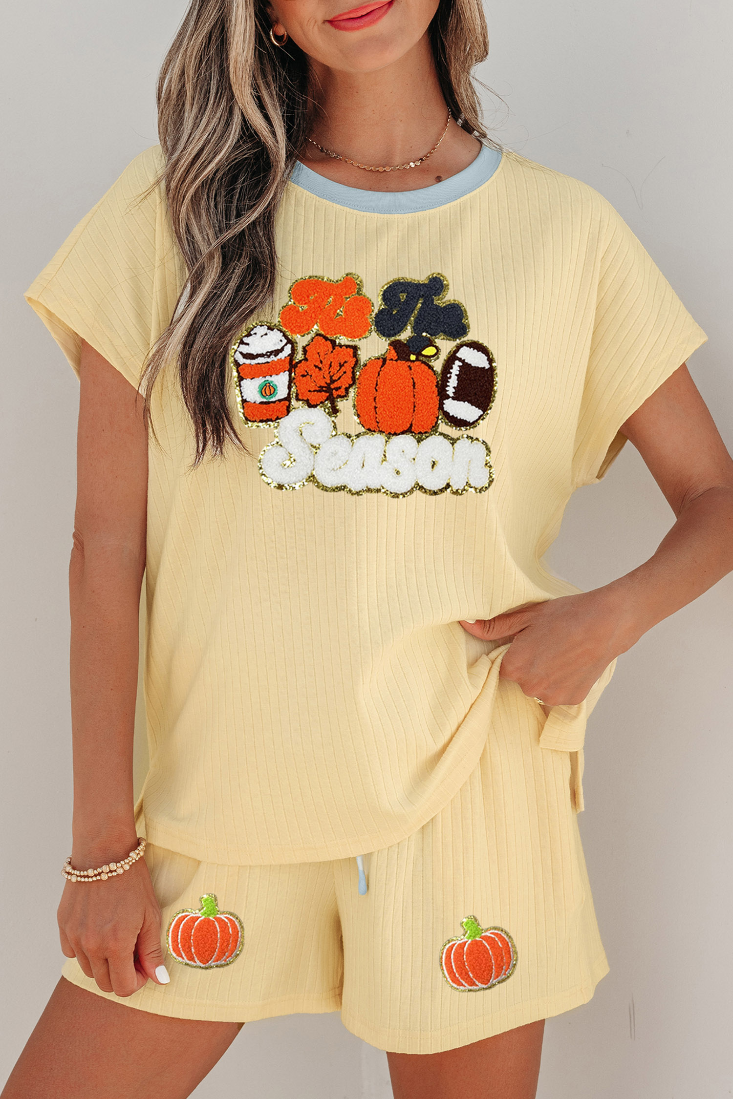 Women's Cotton Blend Ribbed Set, Cozy Yellow Lounge - Detail View 3