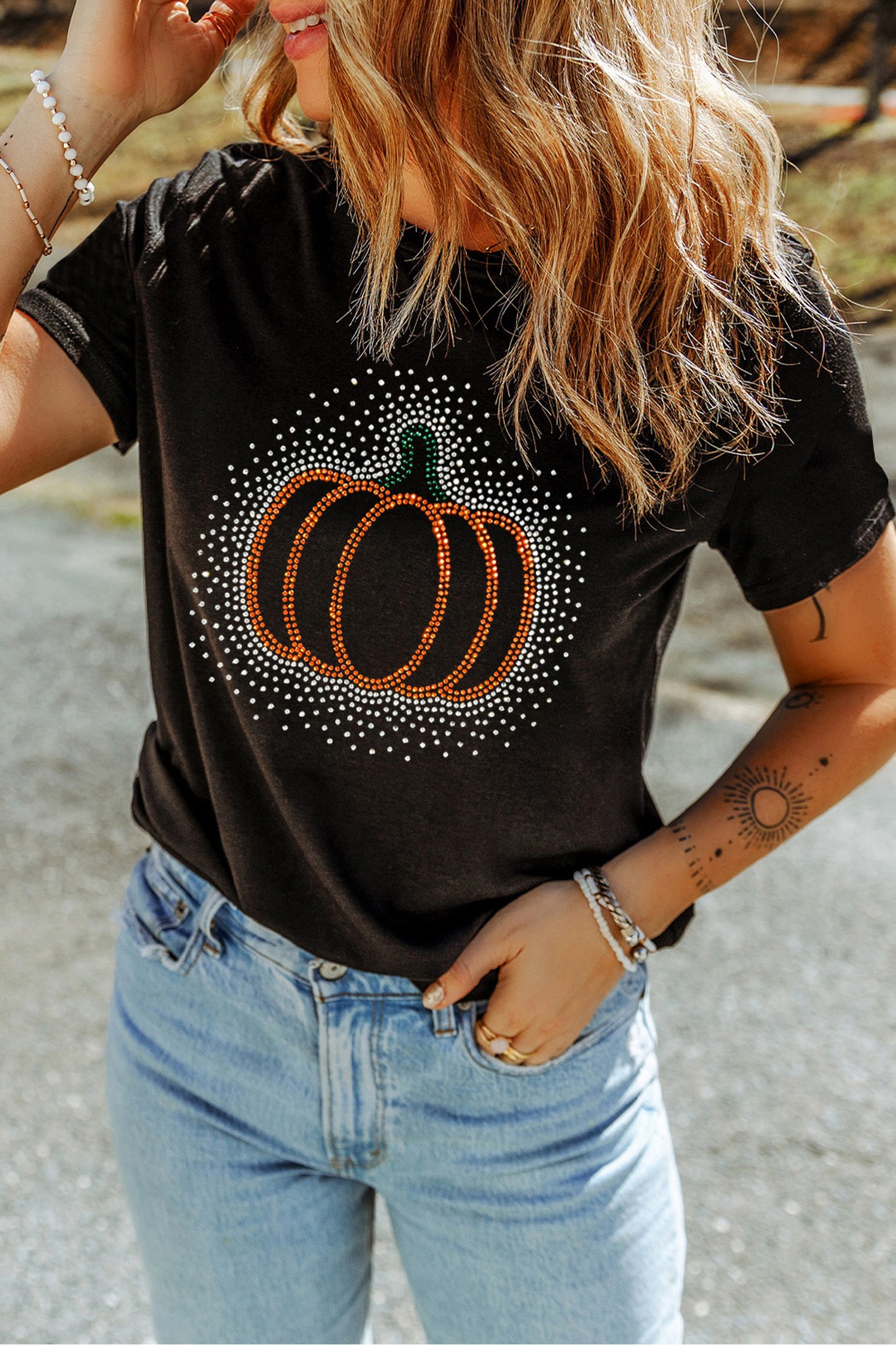 Women's Graphic T Shirt, Rhinestone Pumpkin Fall Tee - Detail View 5