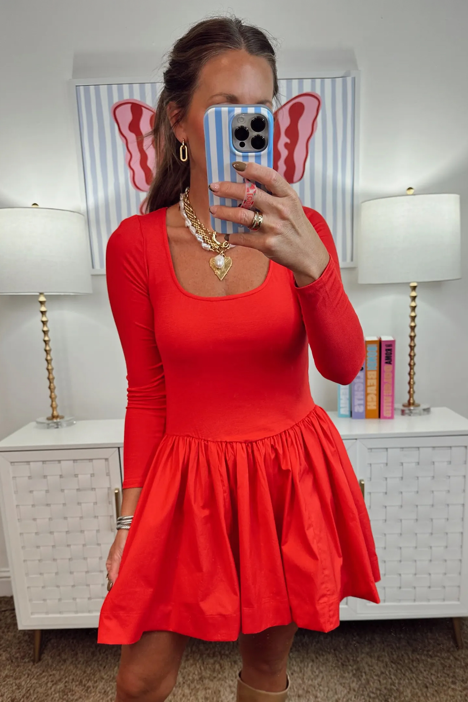 Fiery Red Autumn Dress, Short A Line Daily Casual Style - Detail View 6