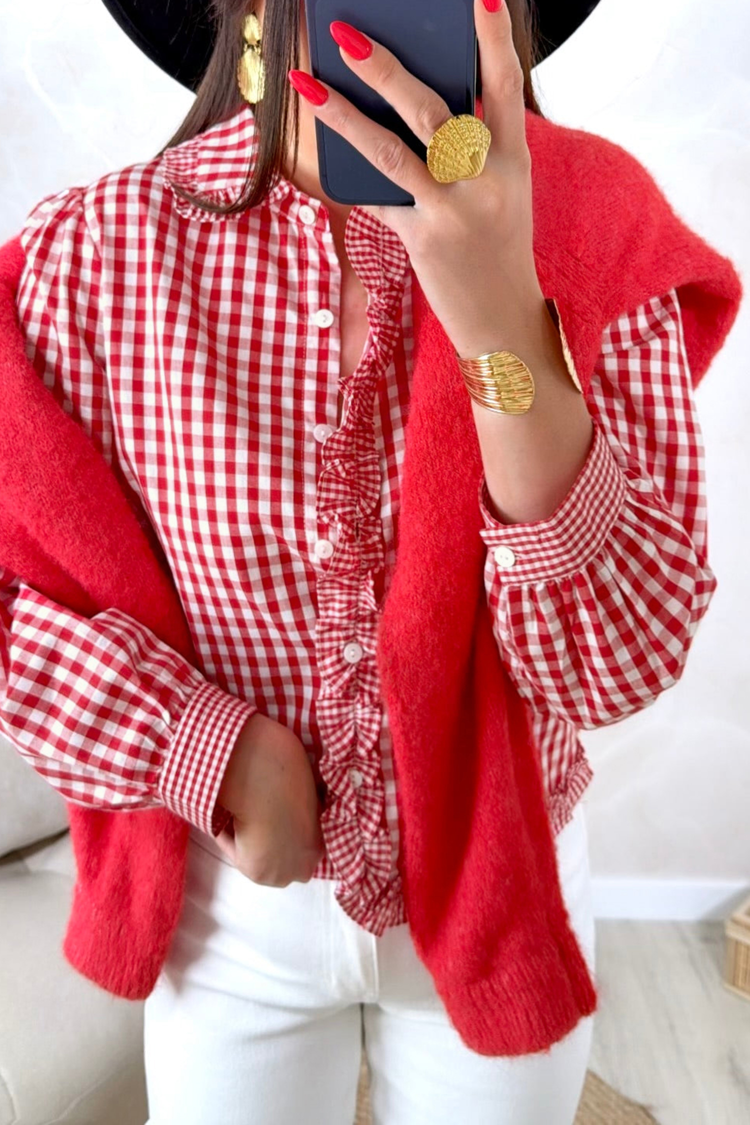Red Plaid Long Sleeve Shirt for Women, Fall Casual Blouse - Detail View 5