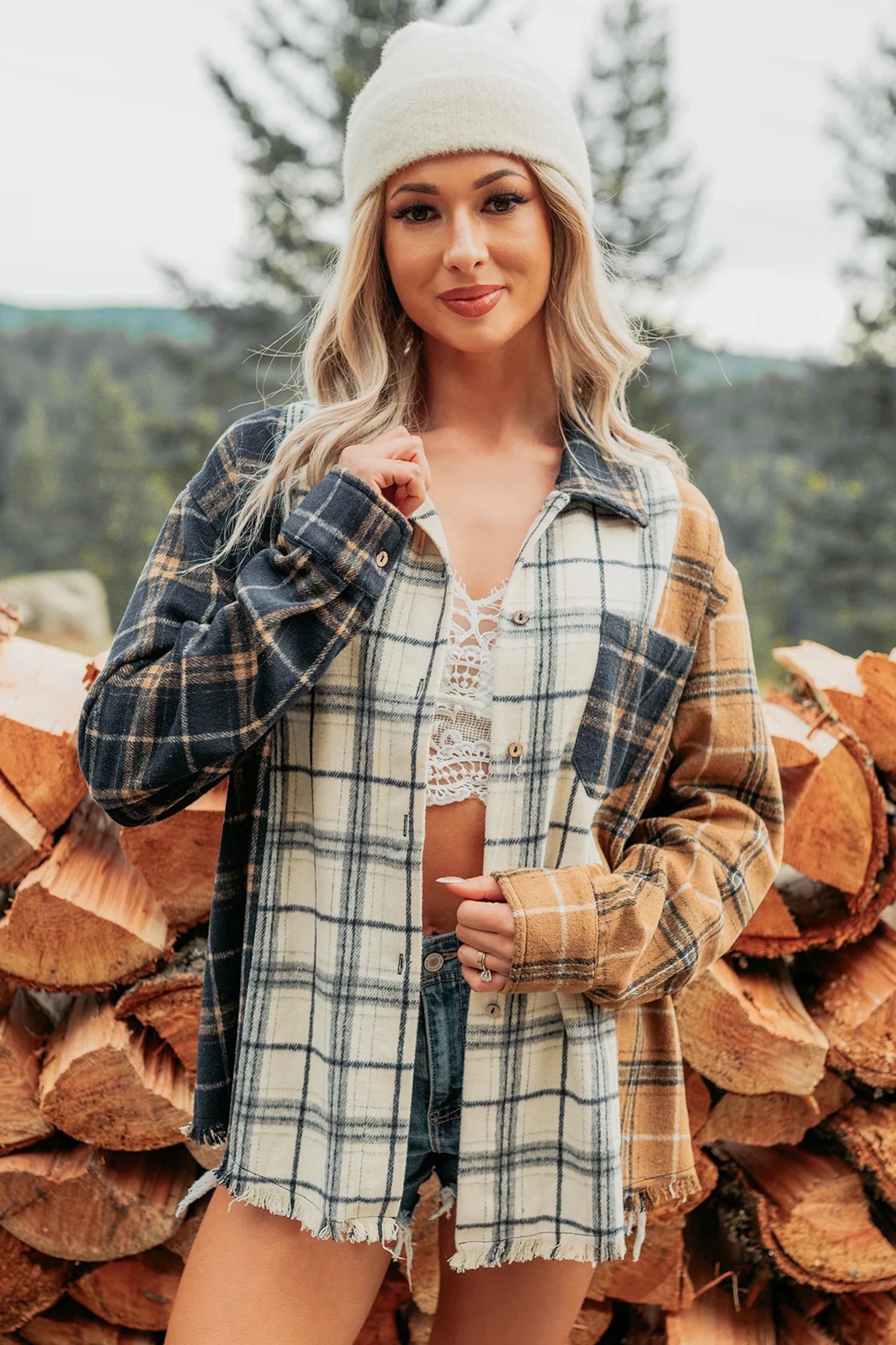 Casual Plaid Shacket for Women, Long Sleeve Button Down - Detail View 6