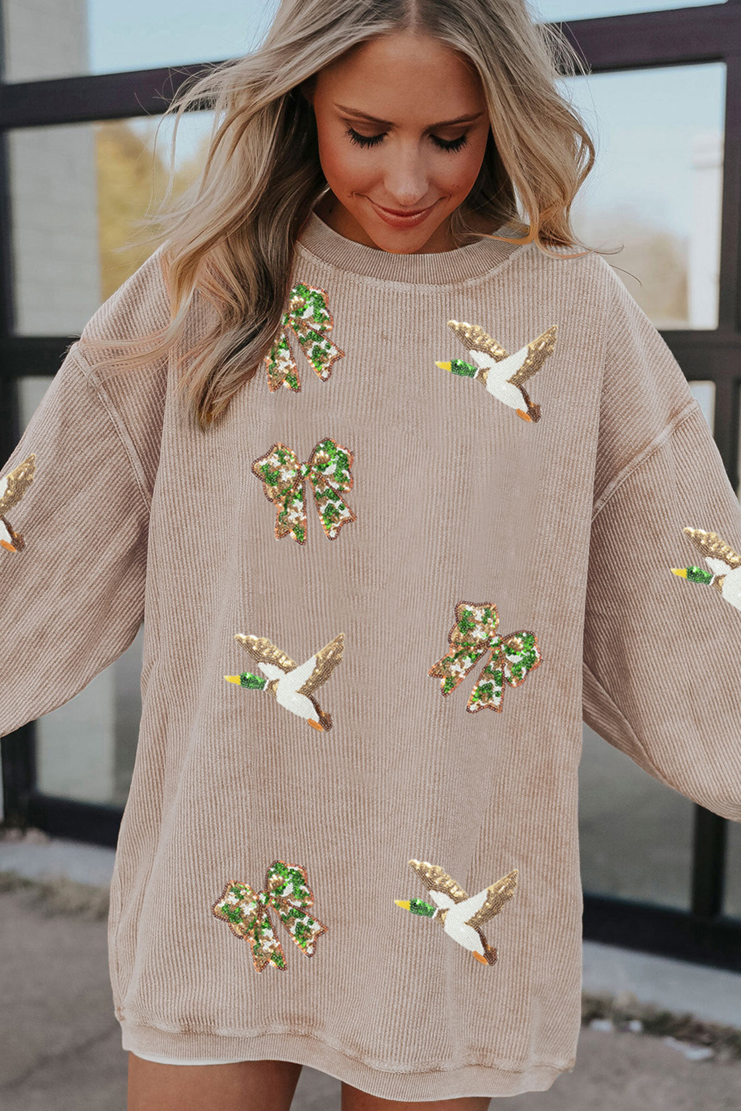 Apricot Long Sleeve Sweatshirt, Sequin Bow Mallard Style - Detail View 3