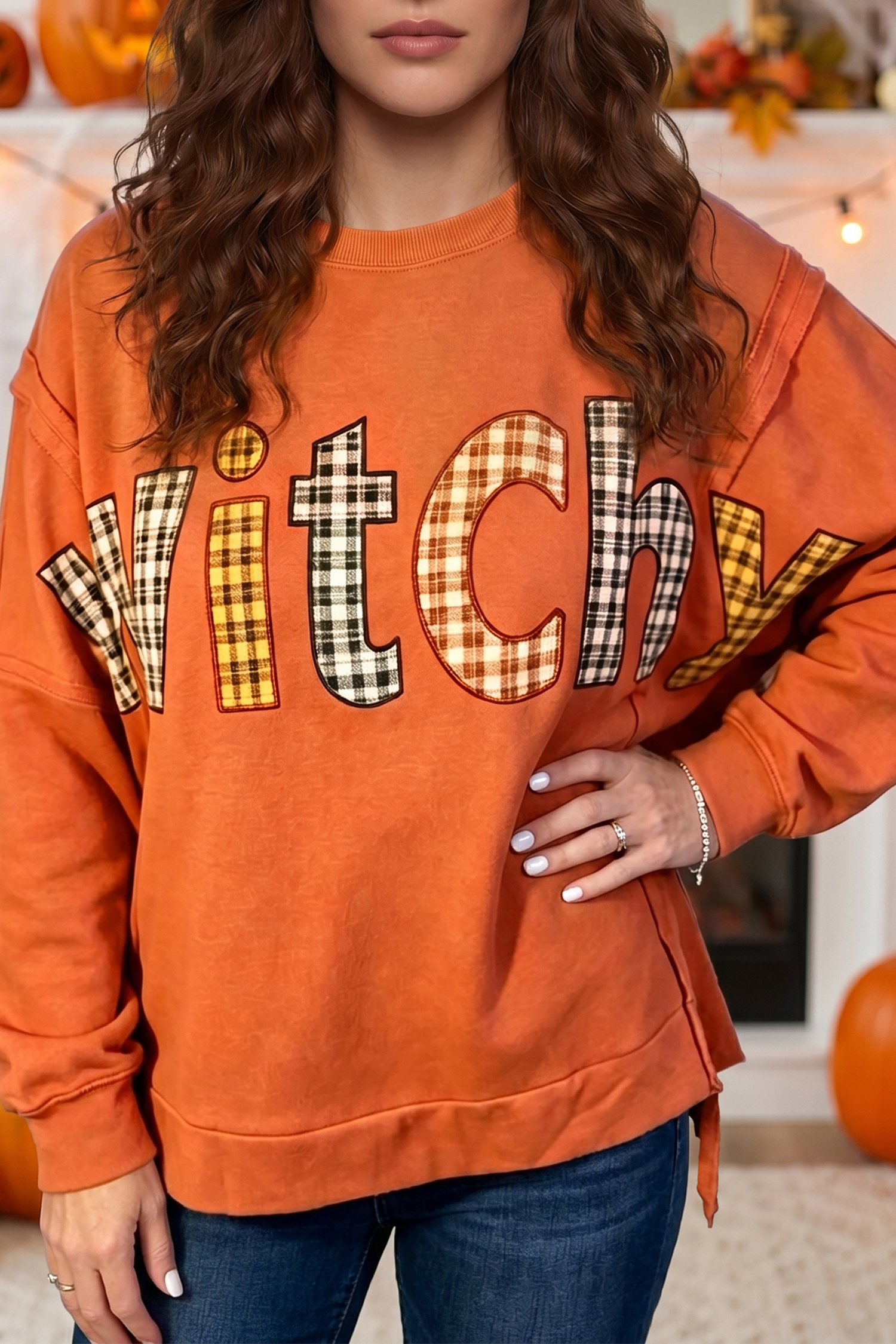 Women's Plaid Letter Pullover, Witchy Fall Sweatshirt - Detail View 2