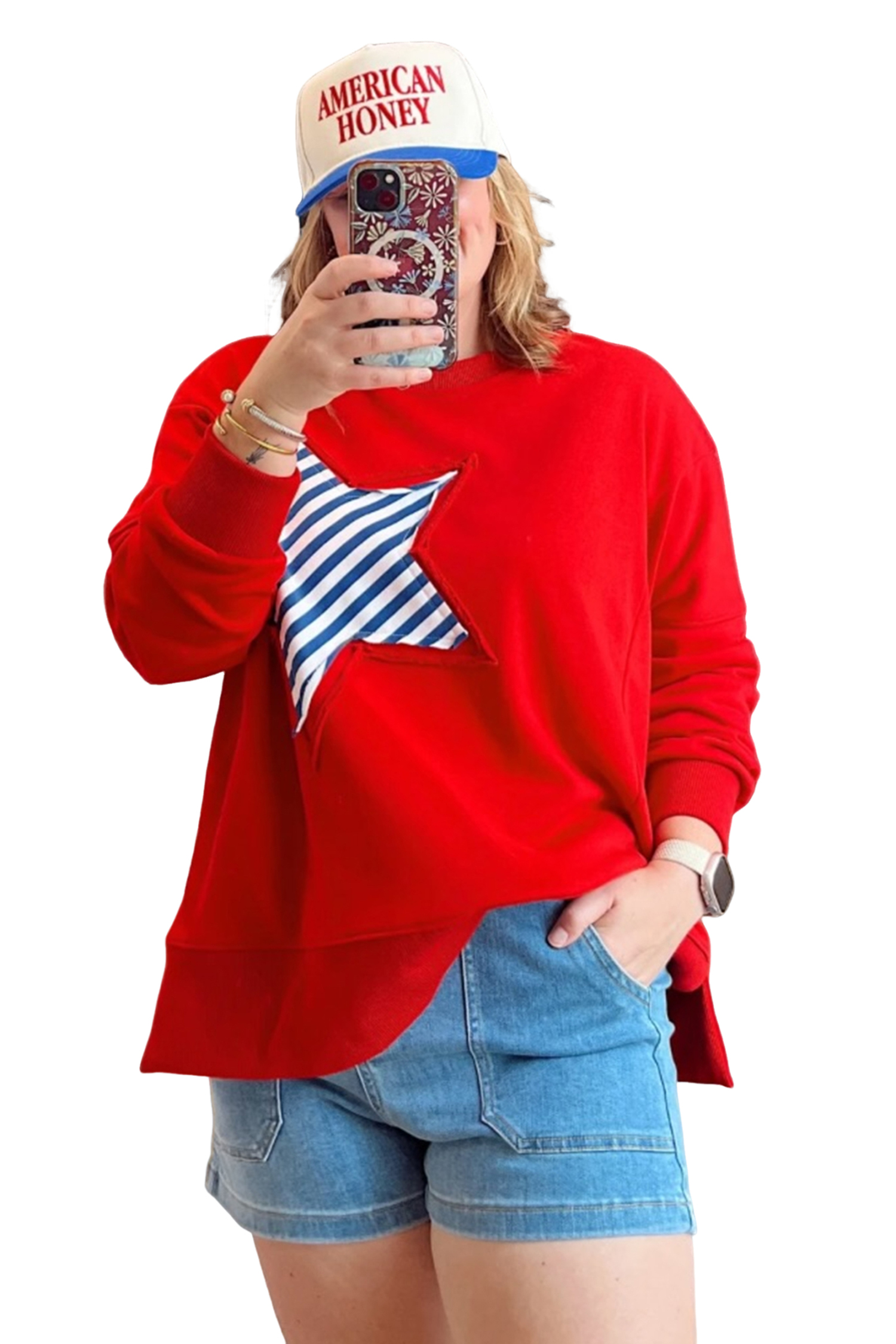Women's Red Star Sweatshirt, Casual Crewneck Pullover - Main View