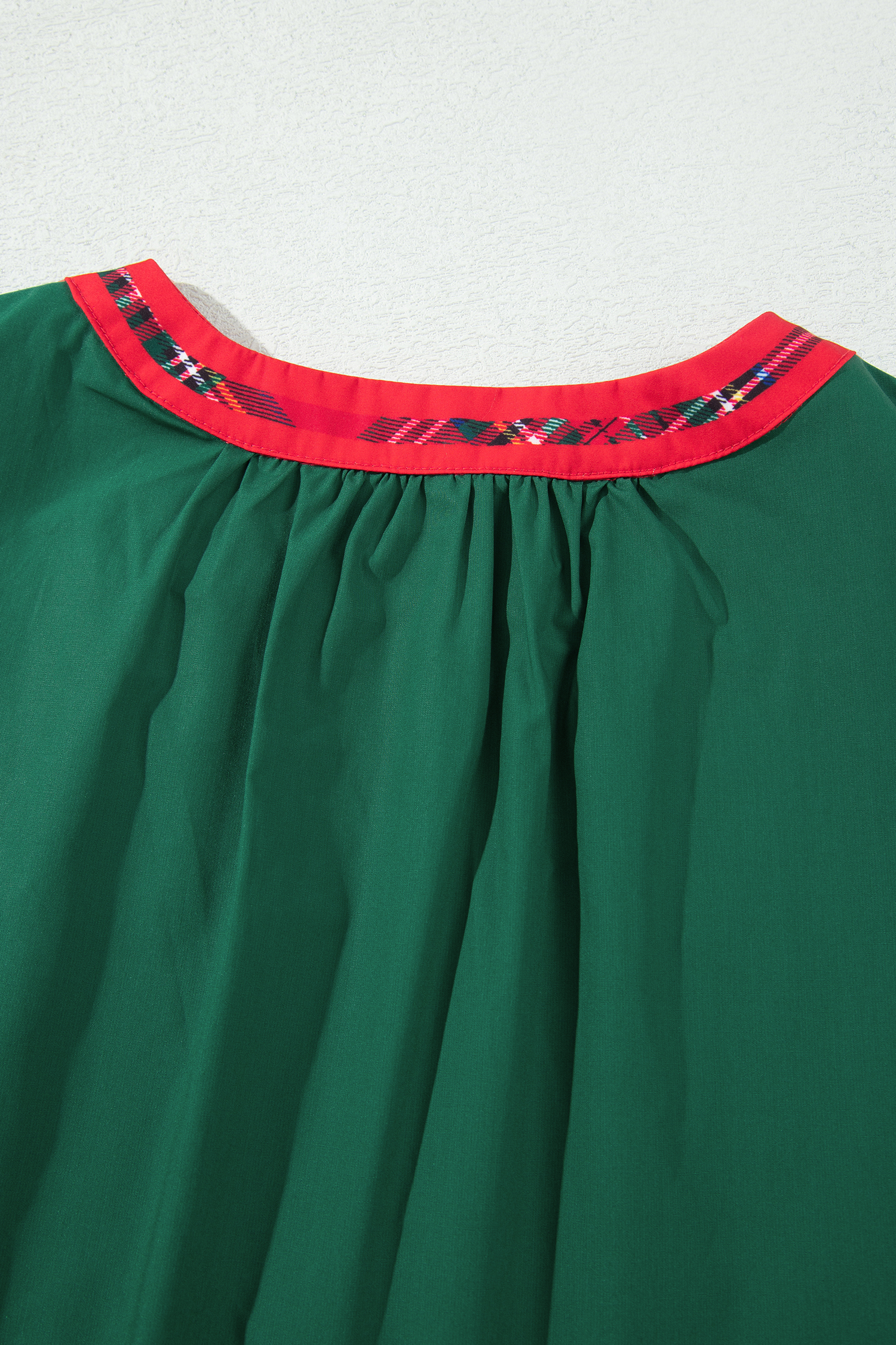 Women's Plaid Trim Blouse, Festive Notched V Neck Top - Detail View 8