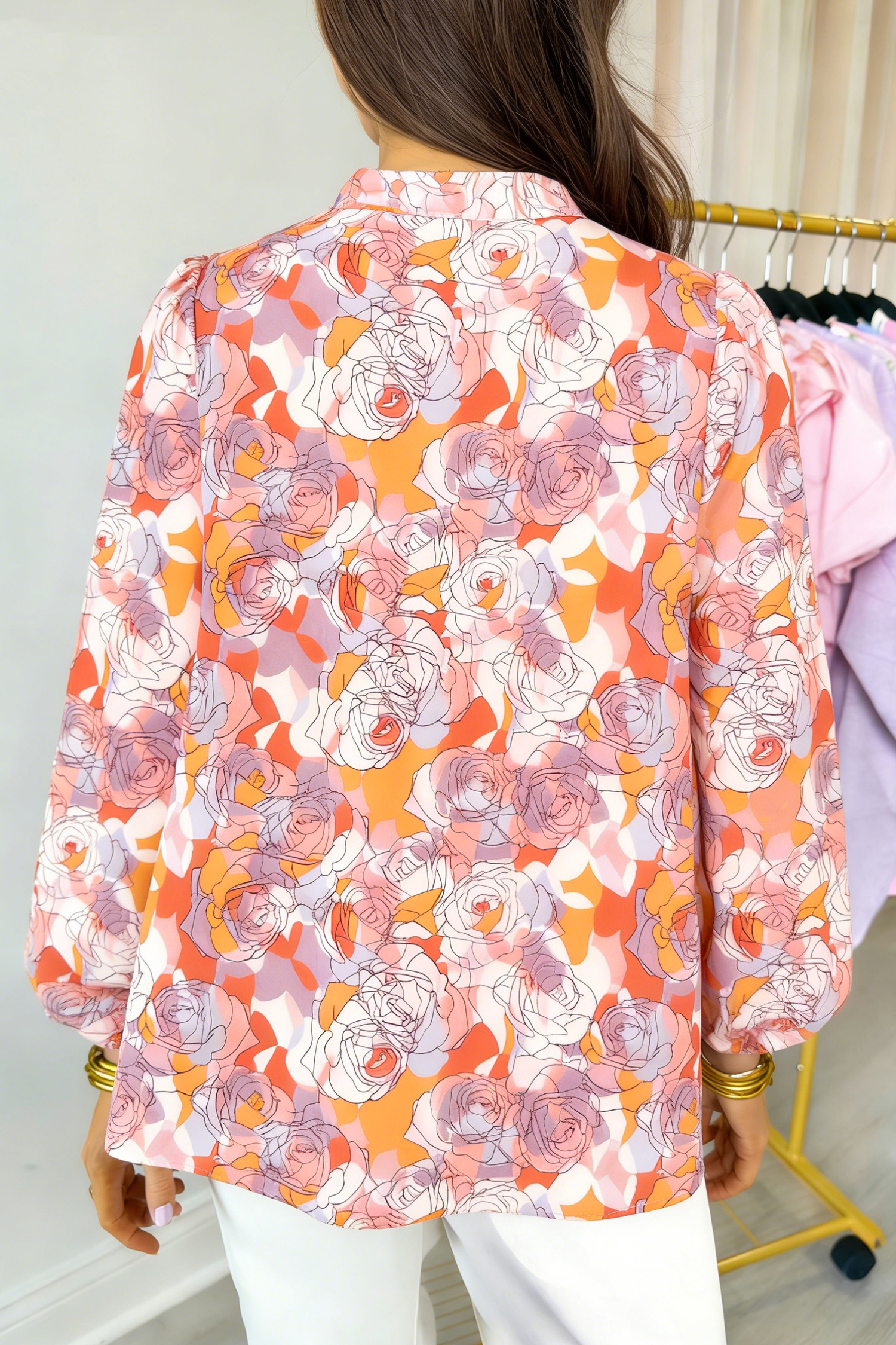 Pink Floral Print Blouse, Embroidered V Neck Long Sleeve Top - Detail View 5