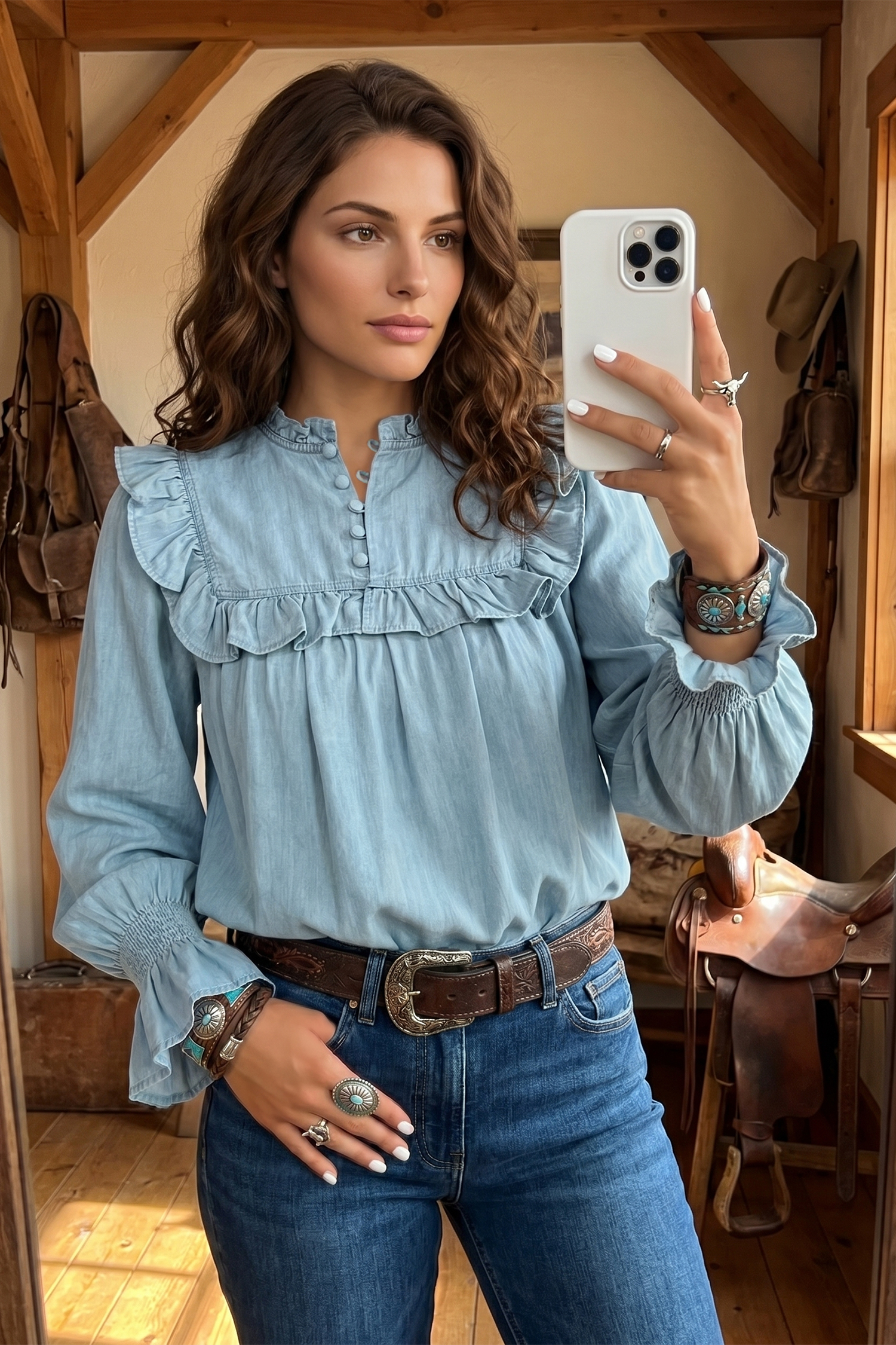 Cotton Chambray Shirt, Long Sleeve Ruffle Western Top - Detail View 3
