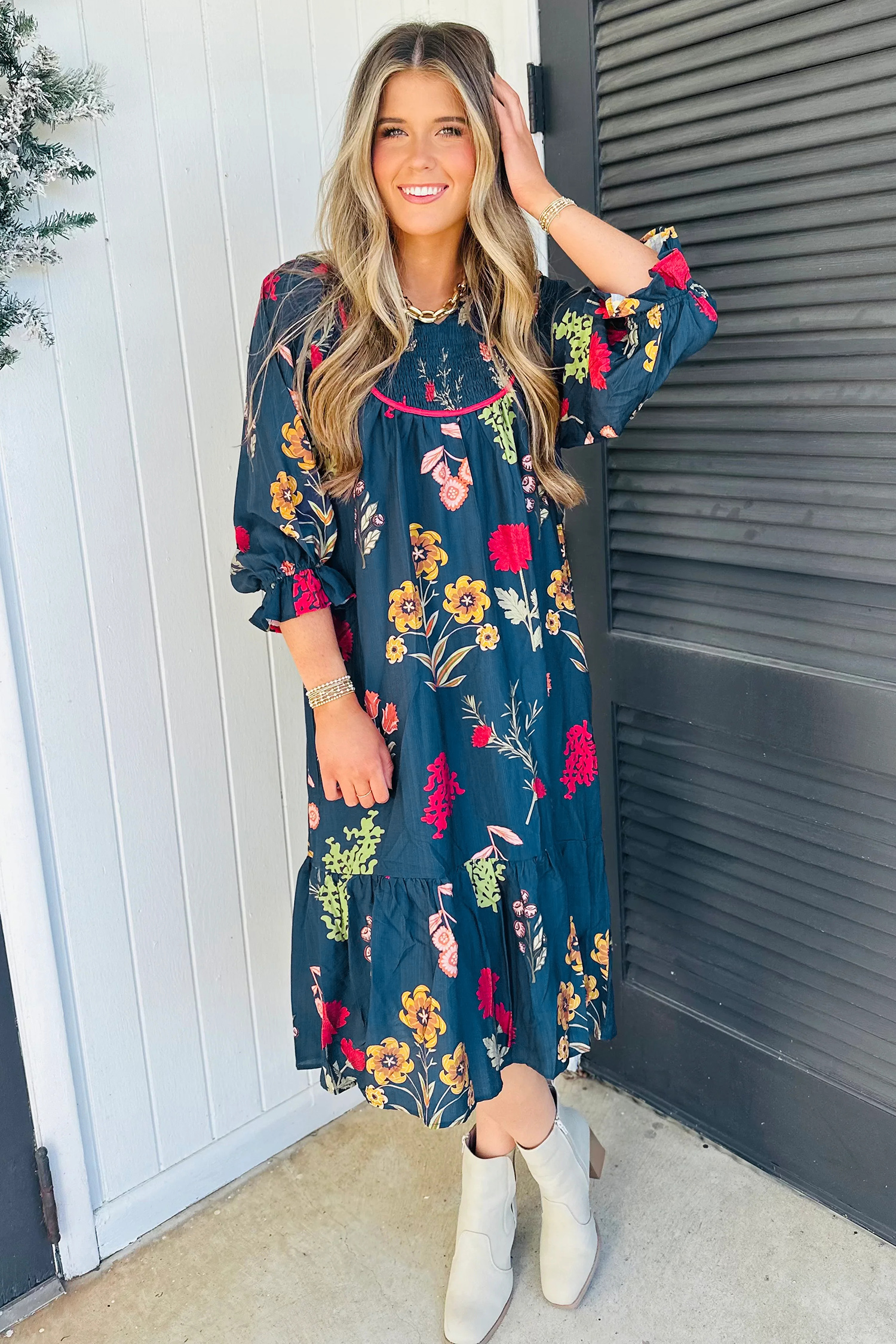 Women's Floral A-Line Midi Dress – Boho Vacation Style - Detail View 6