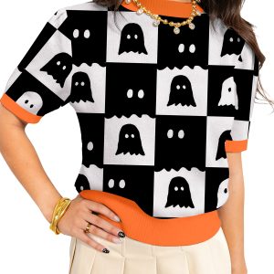 Halloween Ghost Knit Sweater, Women's Casual Short Sleeve Top - Main View