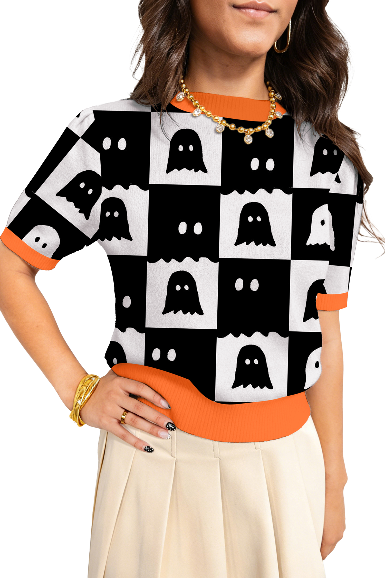 Halloween Ghost Knit Sweater, Women's Casual Short Sleeve Top - Main View