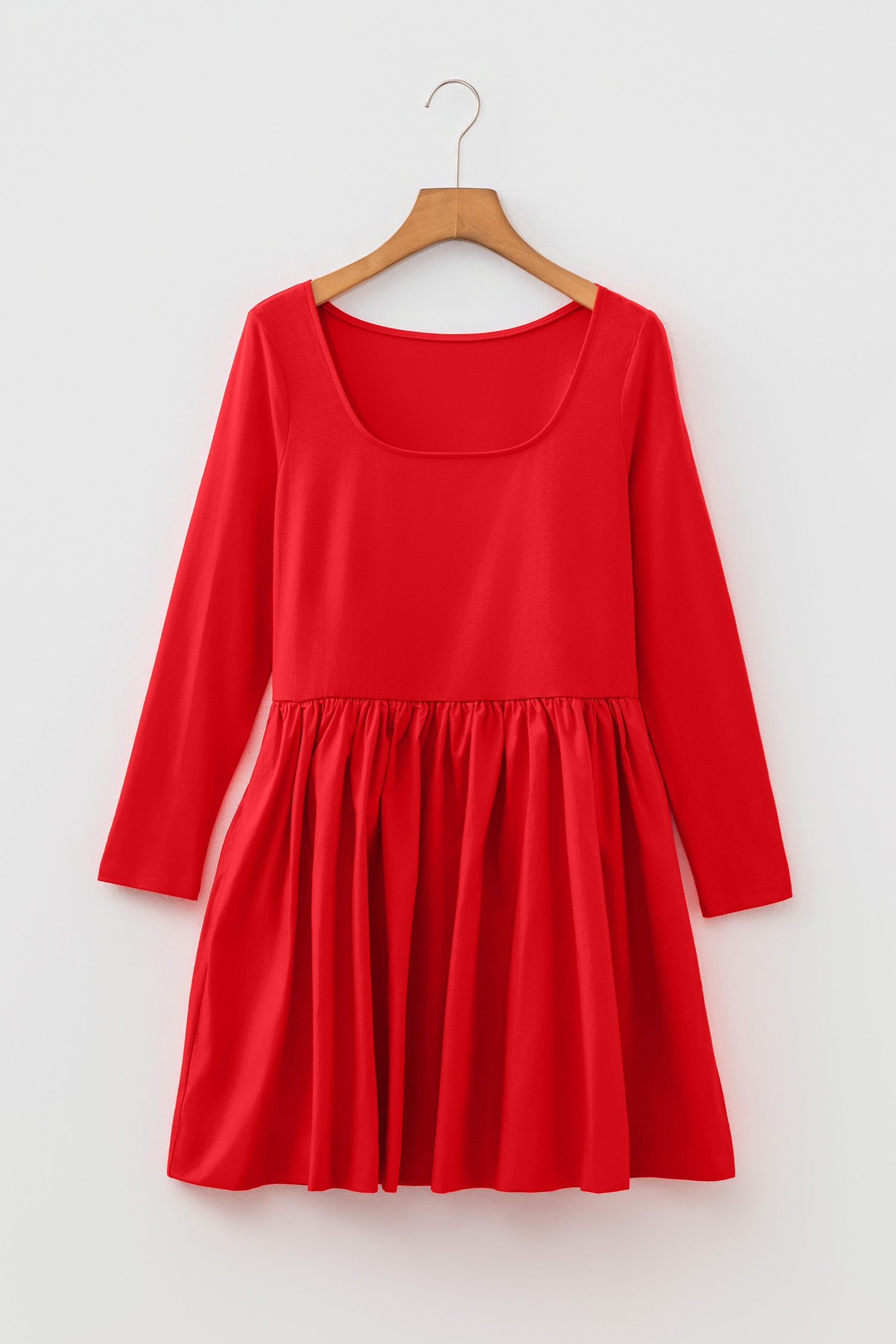 Fiery Red Mini Dress, Long Sleeve A Line Fit and Flare - Detail View 7