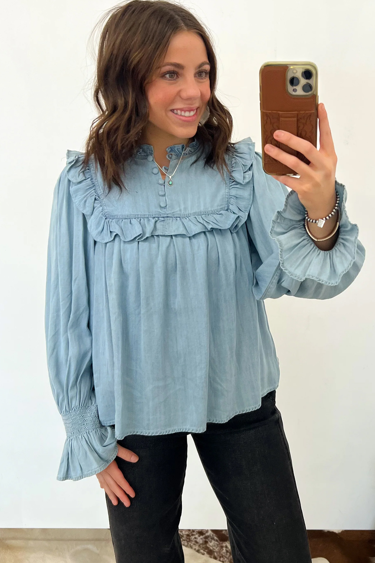 Western Denim Blouse, Ruffle Sleeve Casual Blue Top - Detail View 5
