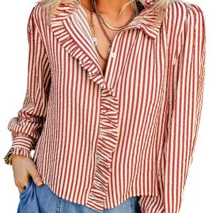 Women's Red Stripe Button Up, Vintage Ruffle Trim Blouse - Main View