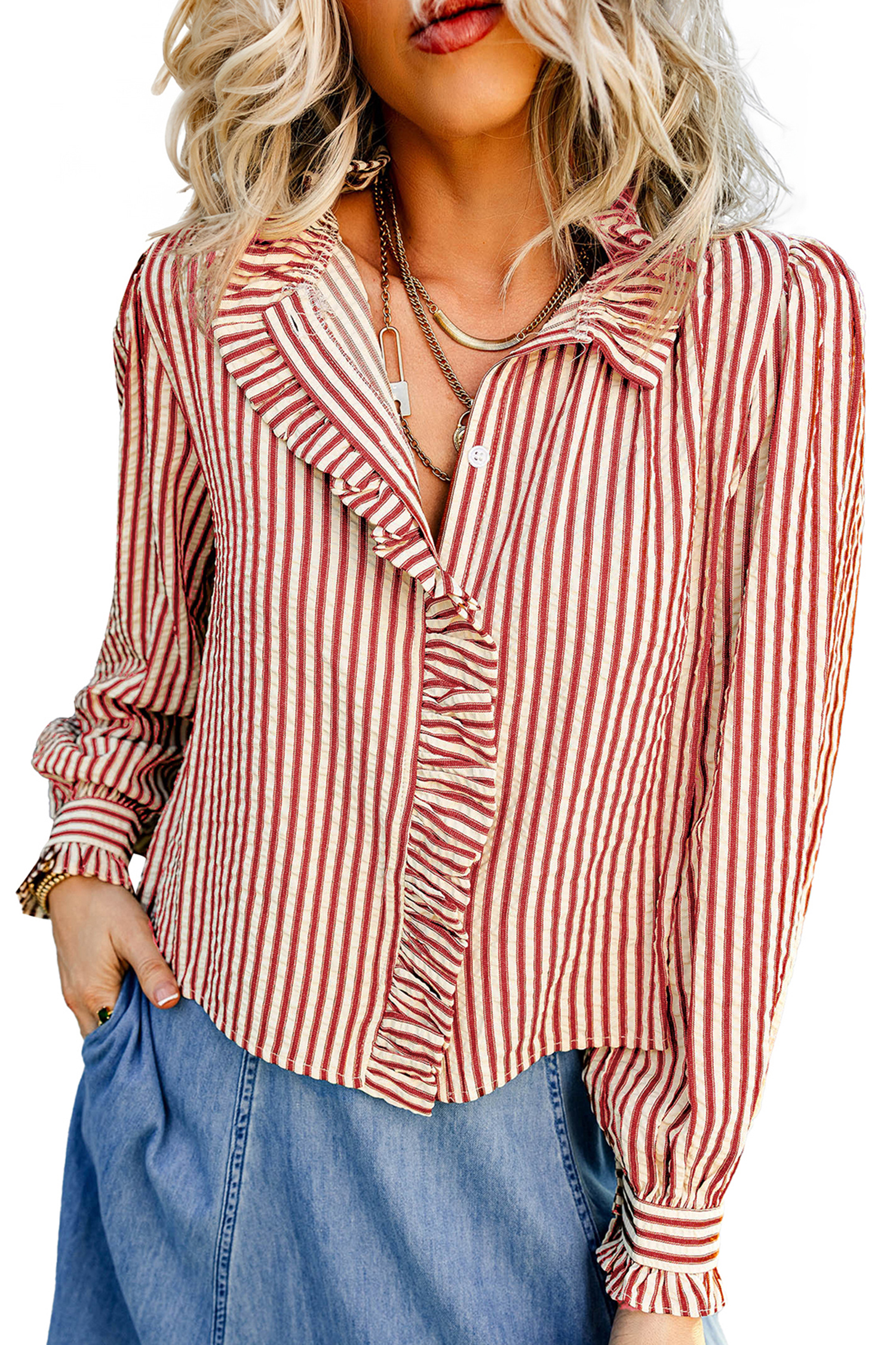 Women's Red Stripe Button Up, Vintage Ruffle Trim Blouse - Main View