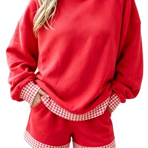 Women's Gingham Trim Pullover Set, Fiery Red Casual Lounge - Main View