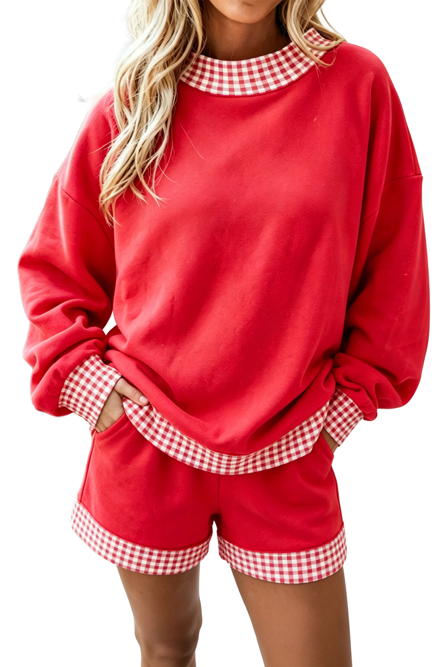 Women's Gingham Trim Pullover Set, Fiery Red Casual Lounge - Main View