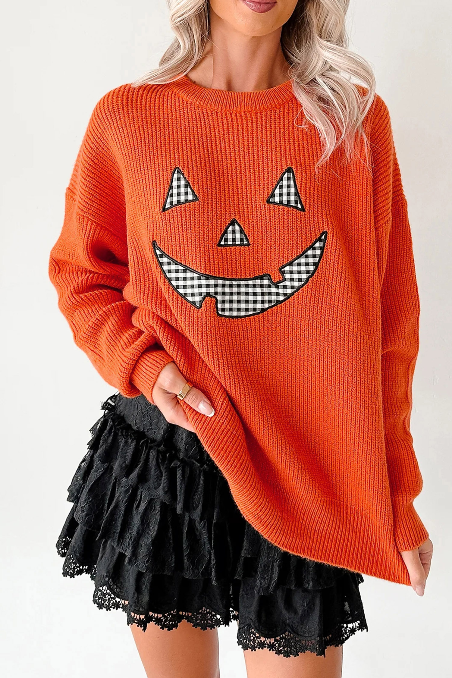 Women's Orange Sweater, Soft Drop Shoulder Fall Knitwear - Detail View 6