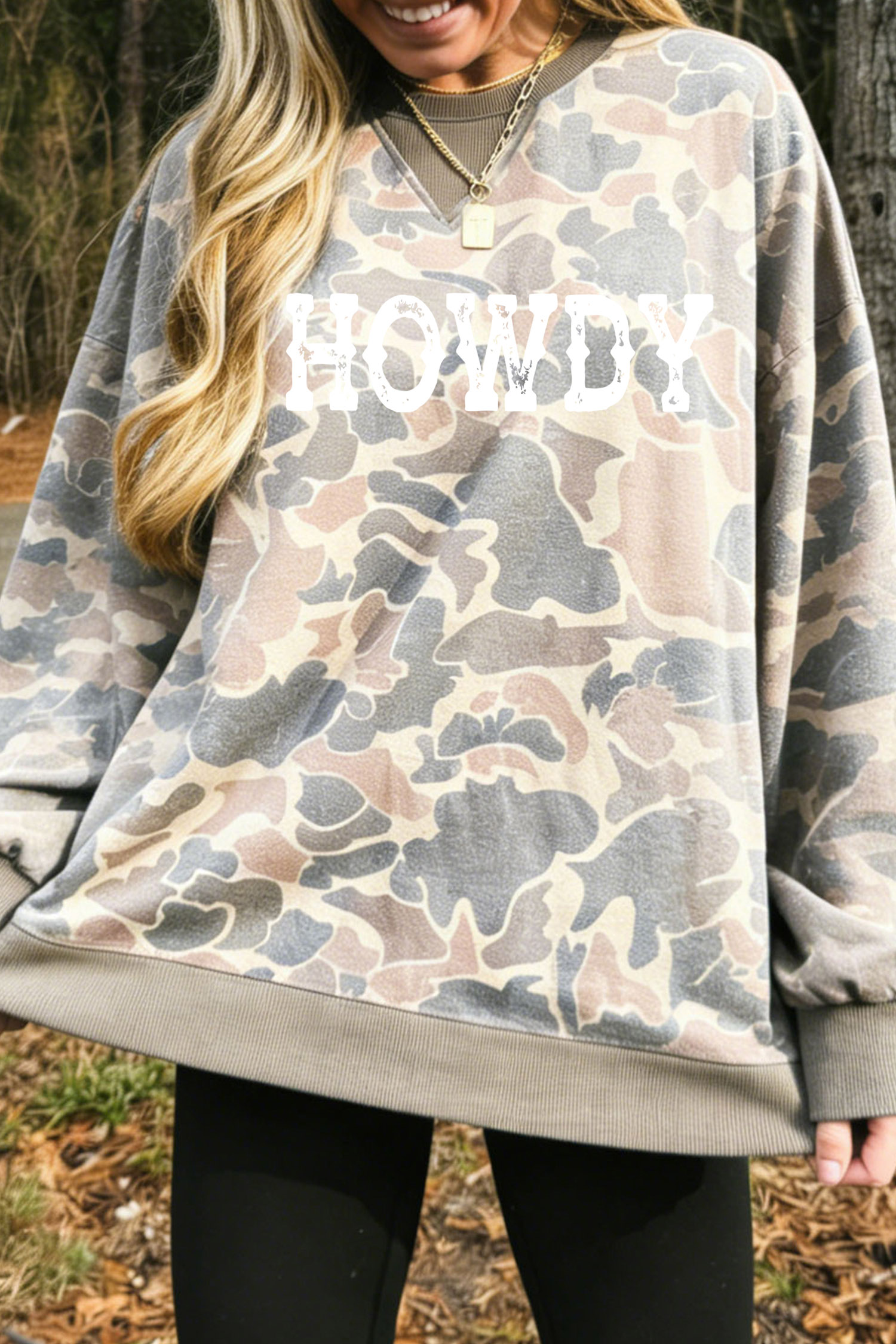 Western Howdy Camouflage Sweatshirt, Long Sleeve Casual Tee - Detail View 8