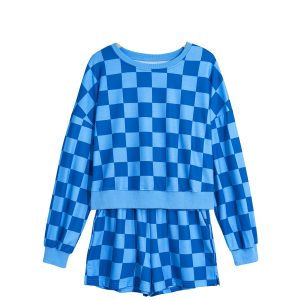 Women's Blue Plaid Two Piece Set, Casual Long Sleeve Crop Top - Main View