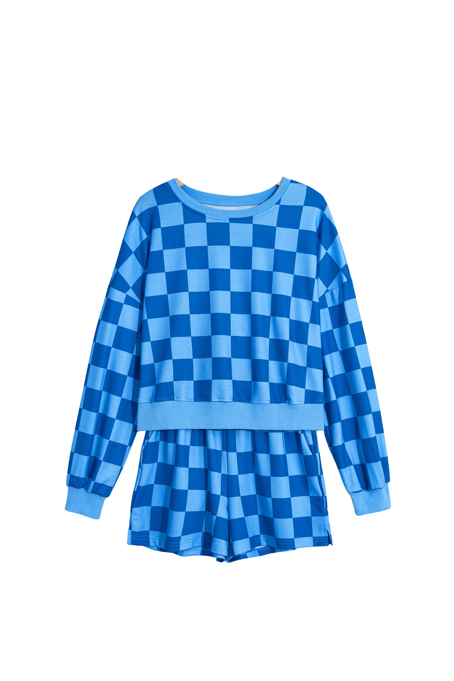 Women's Blue Plaid Two Piece Set, Casual Long Sleeve Crop Top - Main View