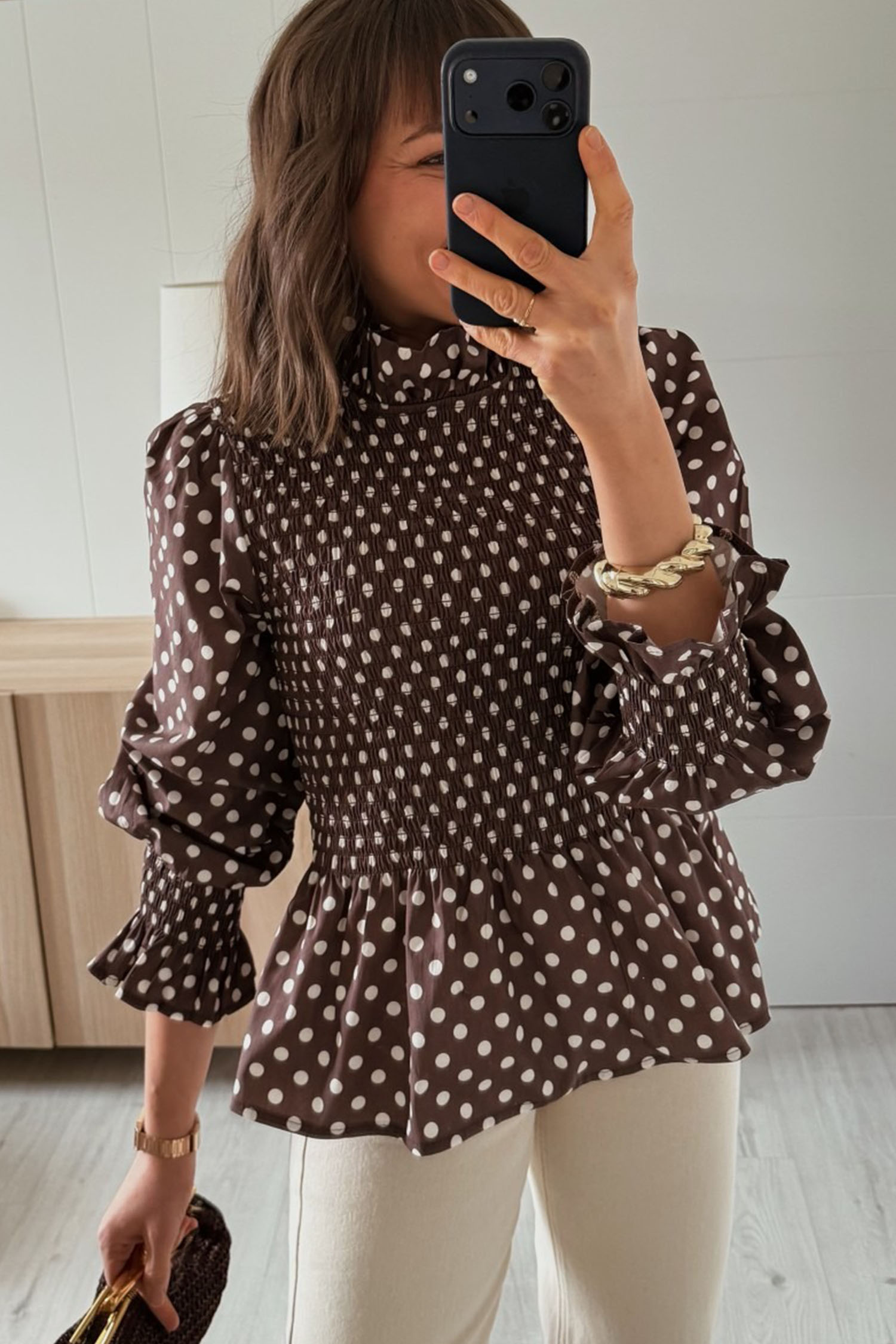 Brown Polka Dot Blouse, Long Sleeve Shirred Ruffle Hem Top - Detail View 8