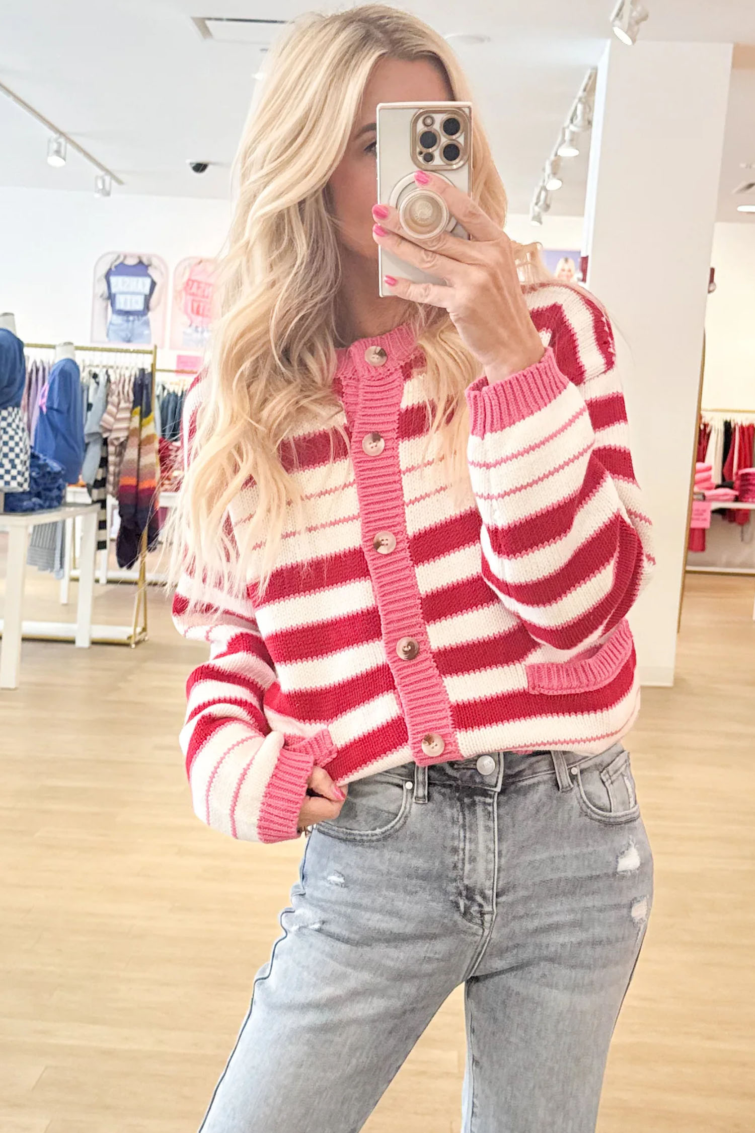 Soft Knit Striped Cardigan, Long Sleeve Button Up Sweater - Detail View 5