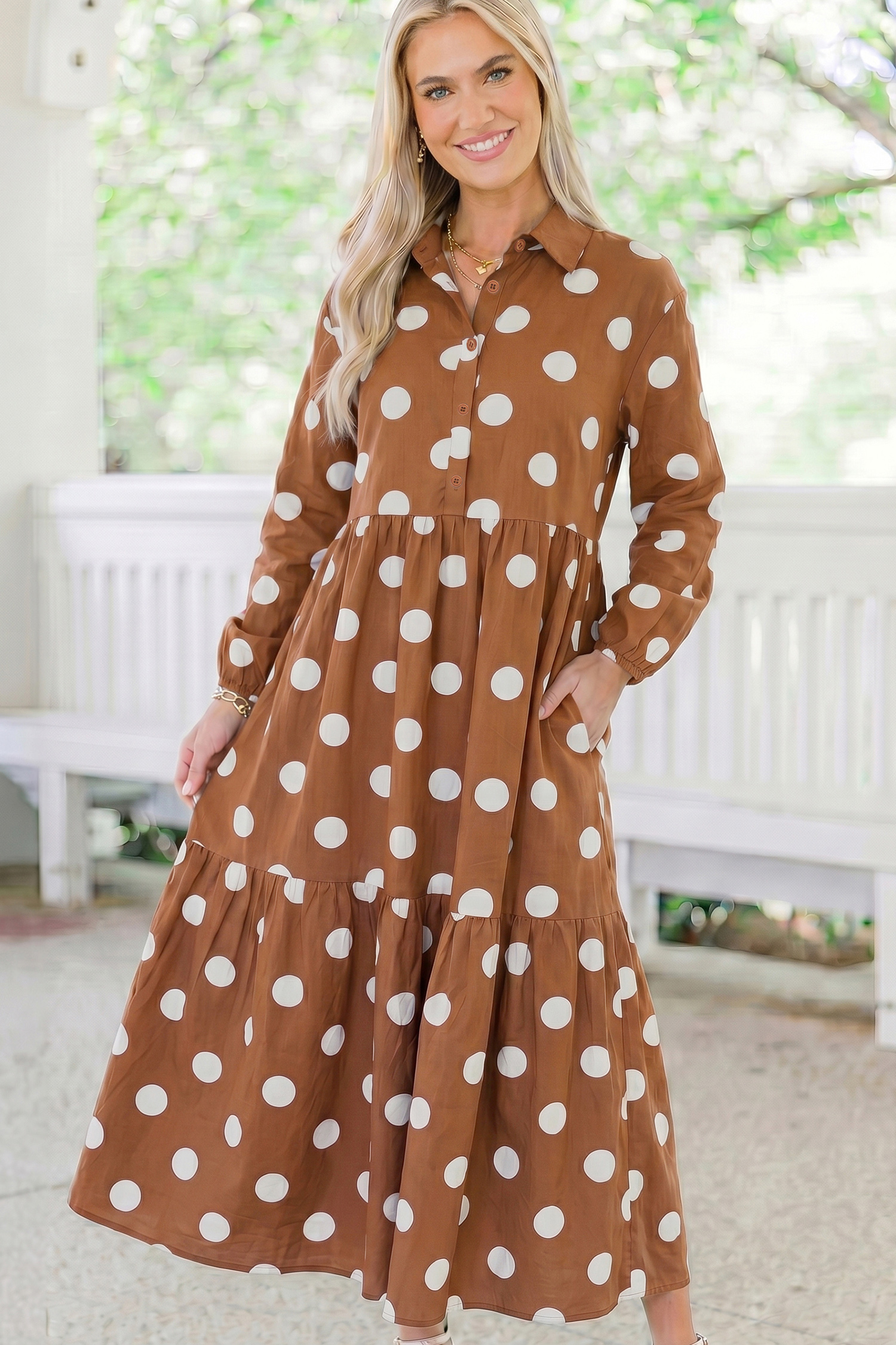 Vintage Style Polka Dot Maxi Dress, Button Front Long Casual - Detail View 5