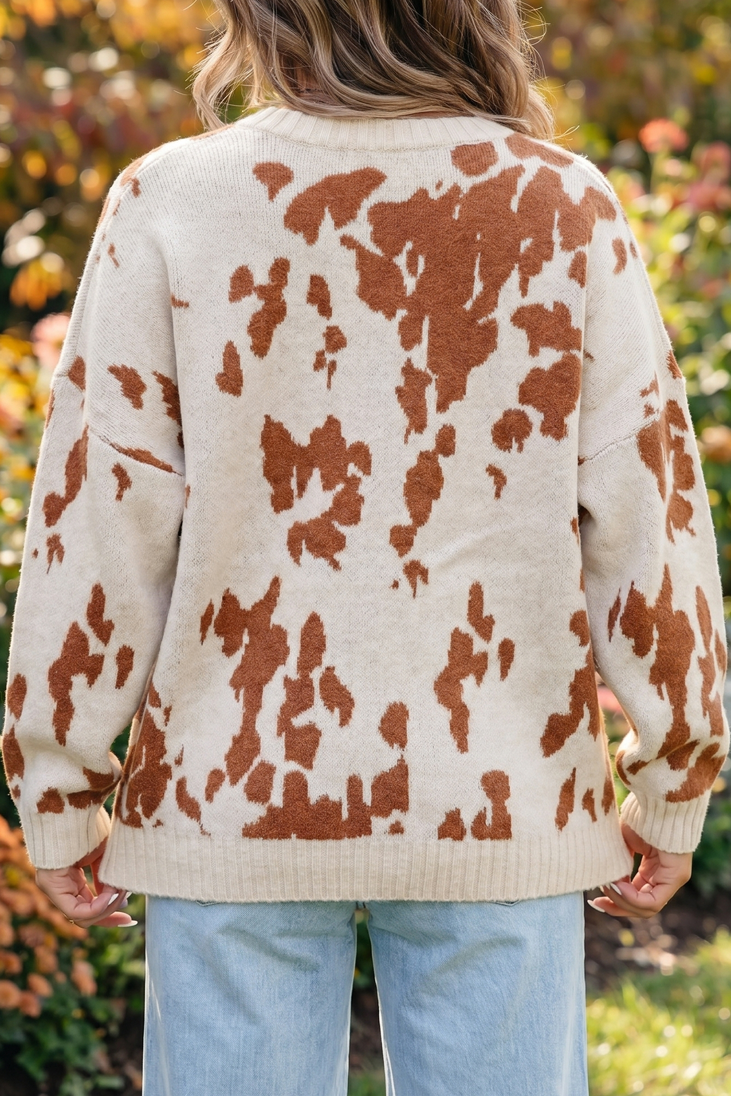 Casual Drop Shoulder Sweater, Women's Khaki Abstract Knit - Detail View 2