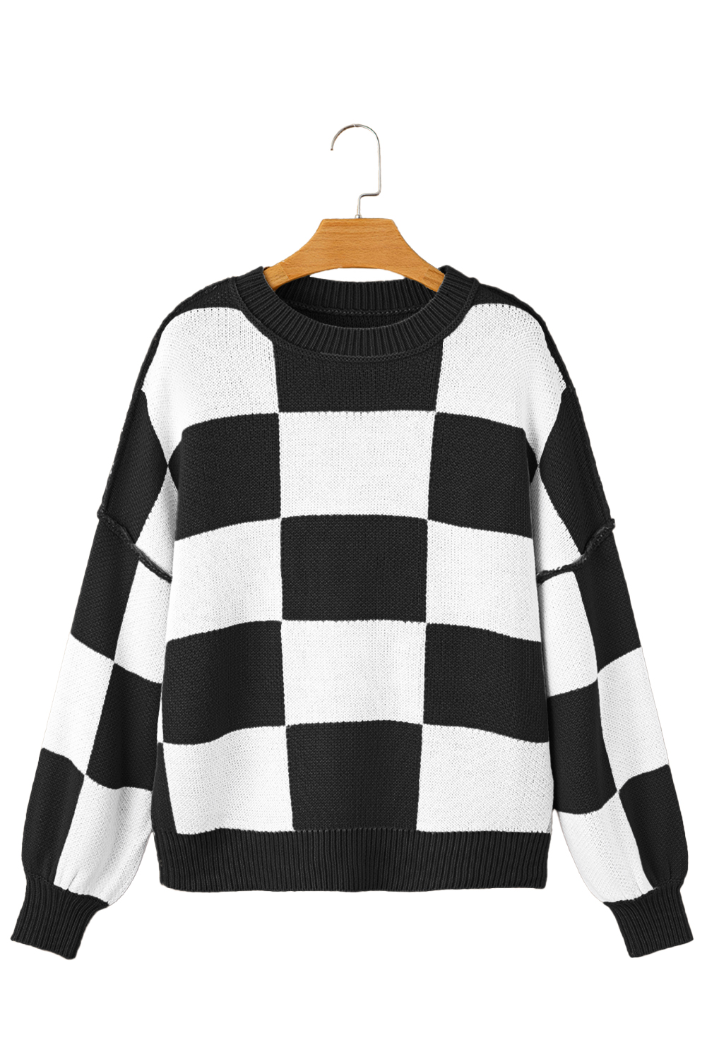Oversized Plaid Knit Top, Cozy Long Sleeve Autumn Sweater - Detail View 6
