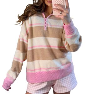 Women's Striped Sweater, Casual Button Placket Pullover - Main View