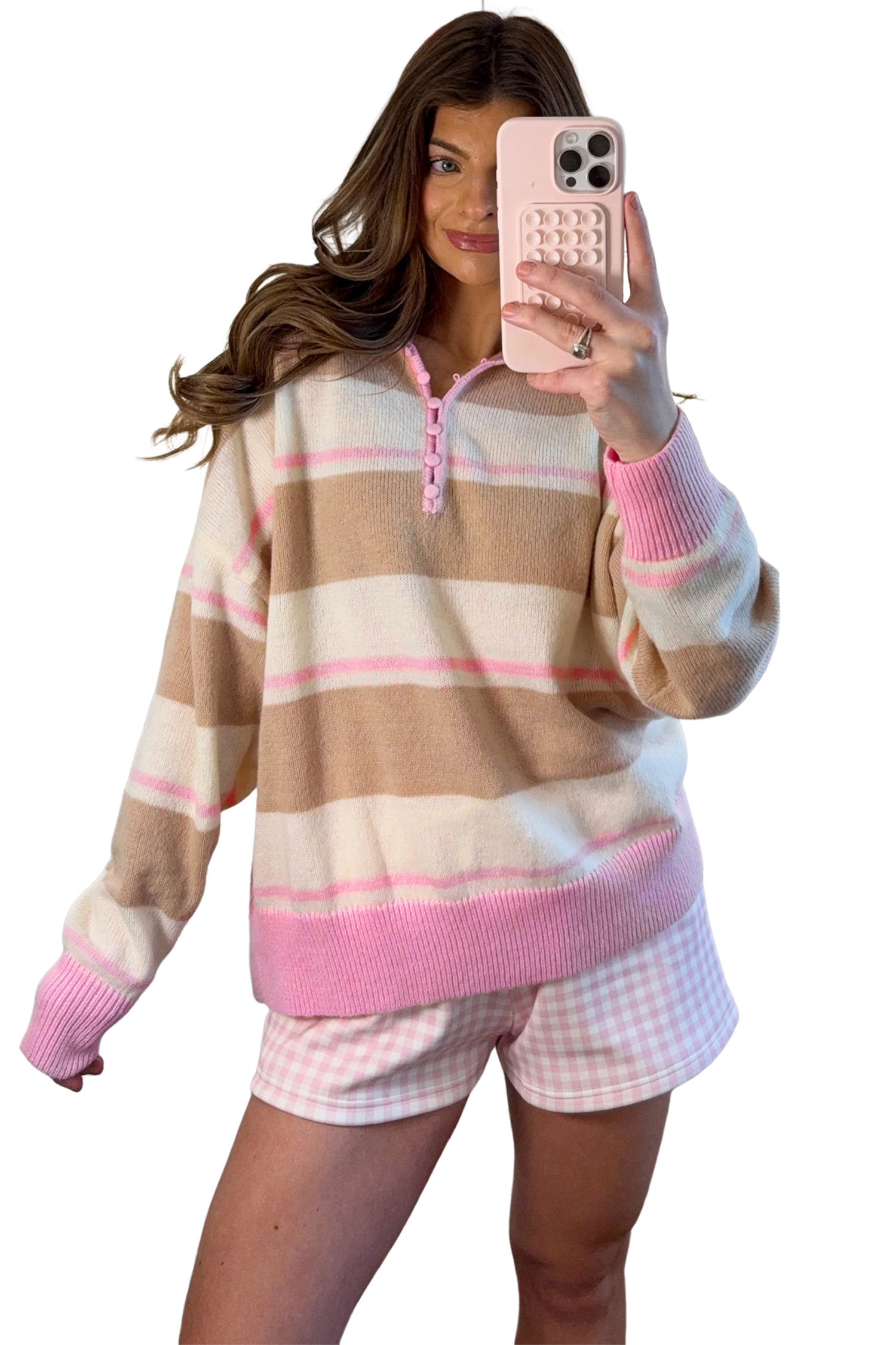 Women's Striped Sweater, Casual Button Placket Pullover - Main View