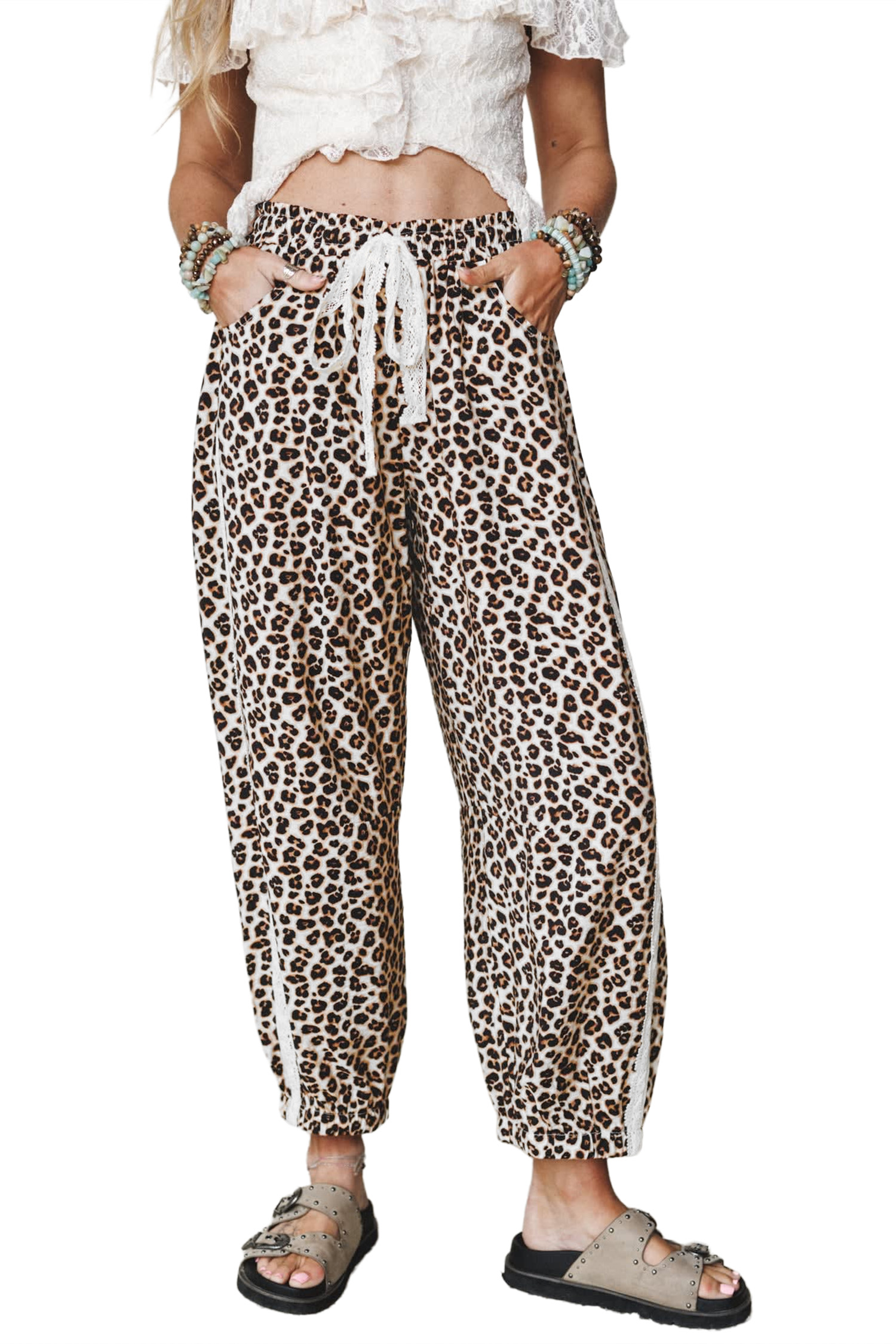 Women's Leopard Print Pants, Casual High Waist Joggers - Main View
