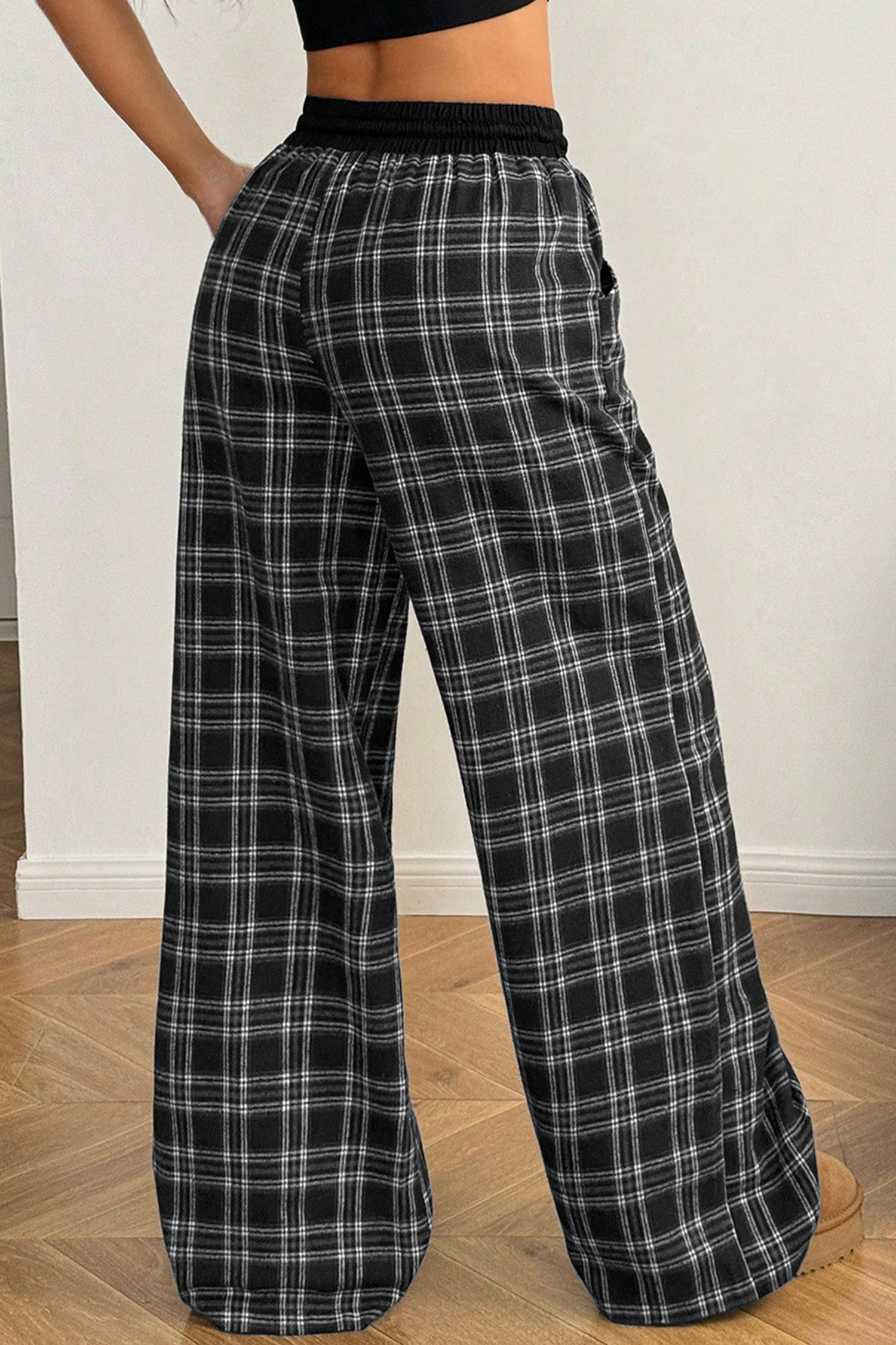 Plaid Contrast Women's Wide Leg Pants, Trendy Lounge Trousers - Detail View 5