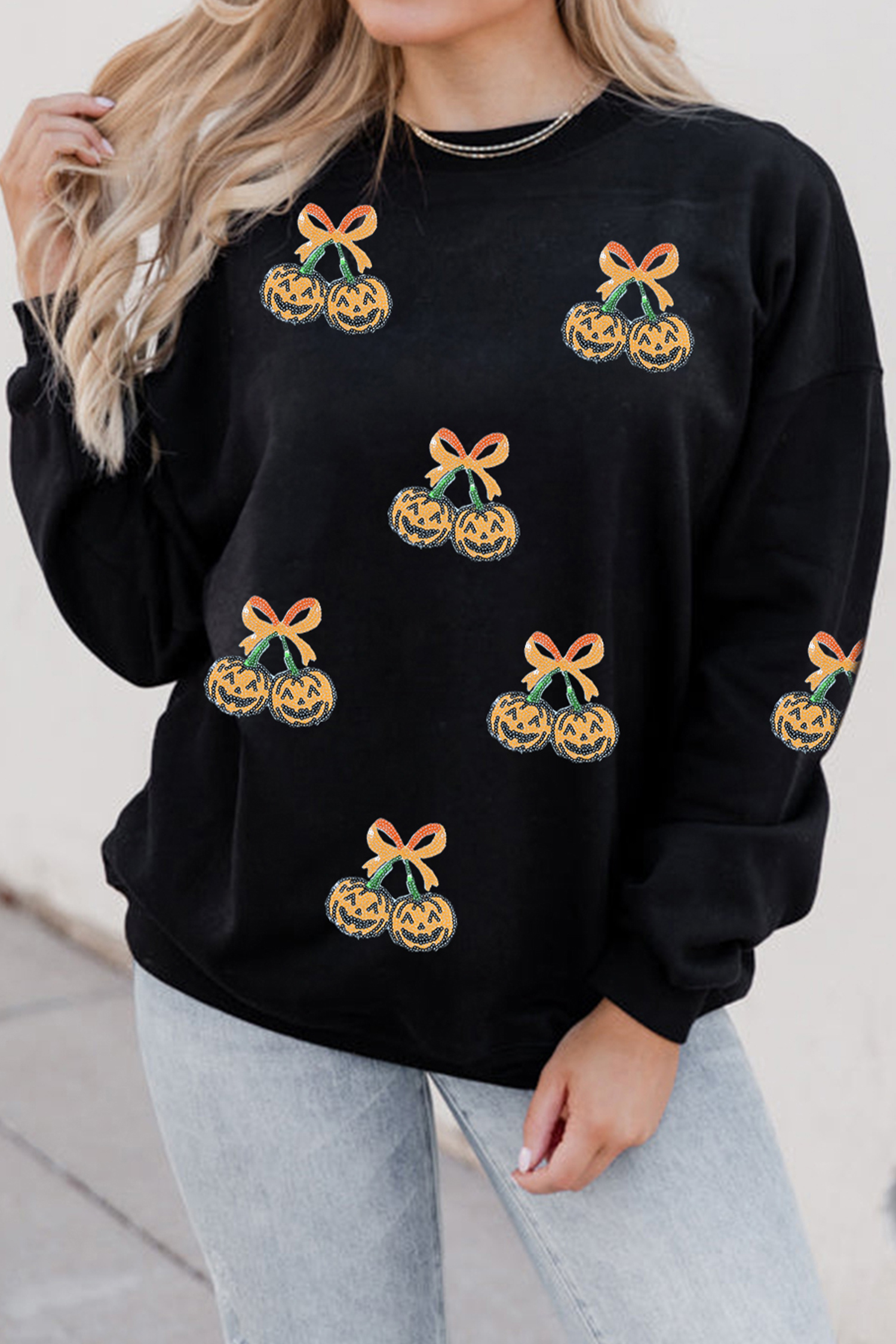 Women's Sequin Pumpkin Sweatshirt, Trendy Black Pullover - Detail View 5