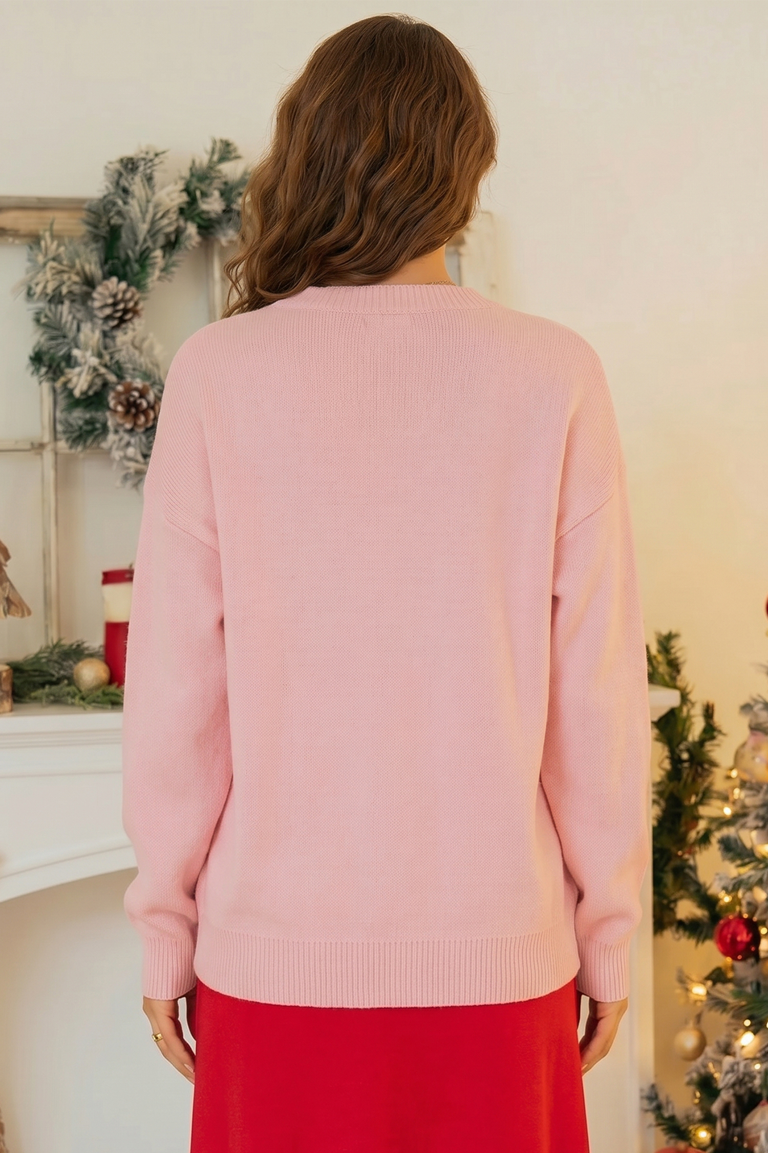 Pink Christmas Graphic Sweater, Cozy Drop Shoulder Pullover - Detail View 2