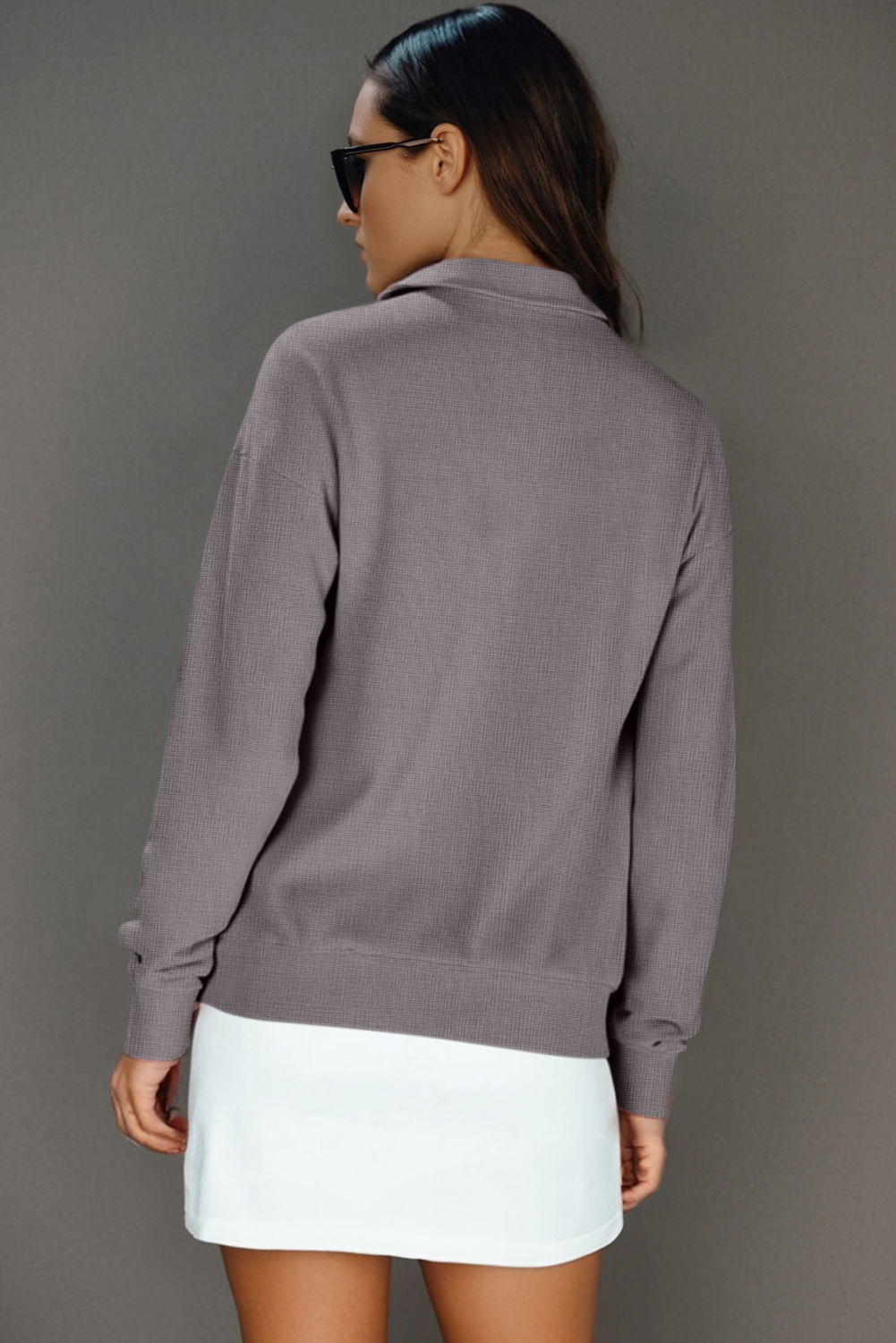 Waffle Knit Half Zip Pullover, Cozy Gray Long Sleeve Shirt - Detail View 2