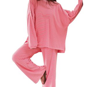 Women's Pink Striped Lounge Set, Casual Long Sleeve Outfit - Main View