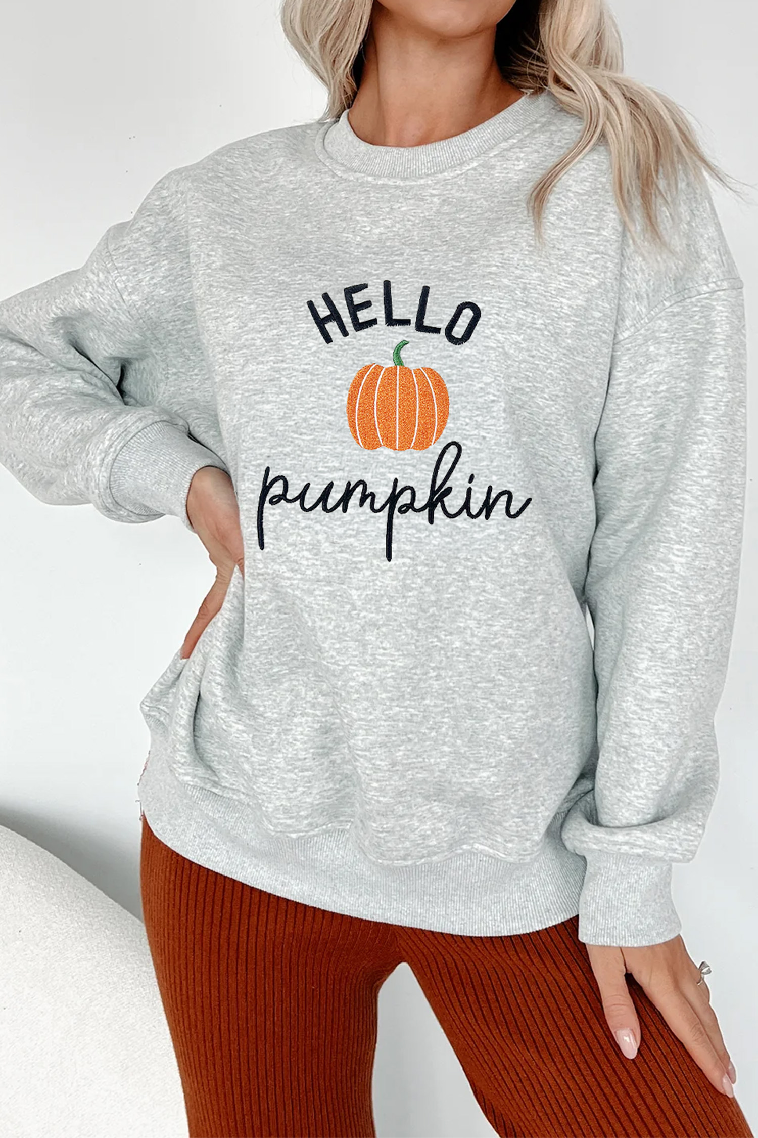 Women's Long Sleeve Sweatshirt, Casual Hello Pumpkin Gray - Detail View 6