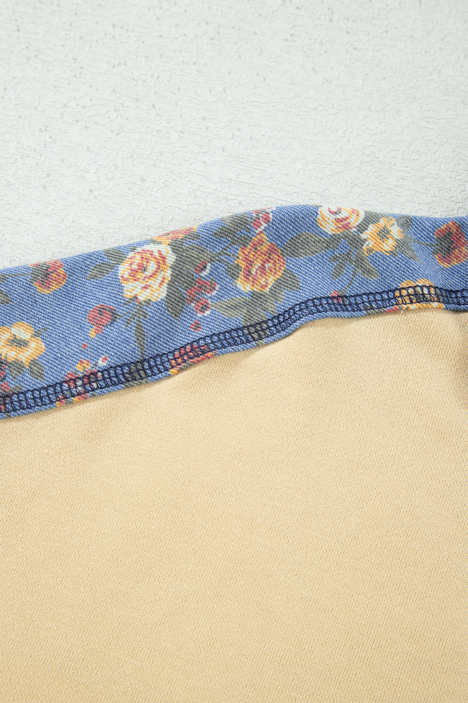 Apricot Floral Denim Pullover, Chic Contrast Trim Blouse - Detail View 8