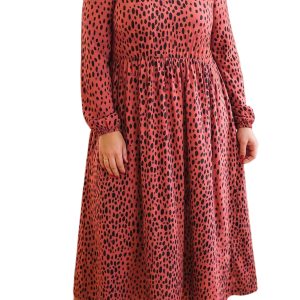 Women's Leopard Midi Dress, Casual Long Sleeve Fall Fashion - Main View