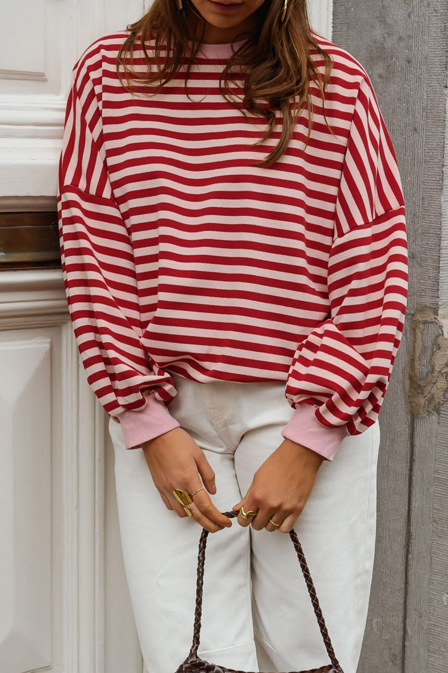 Cotton Blend Striped Long Sleeve Top, Cozy Women Shirt - Detail View 3