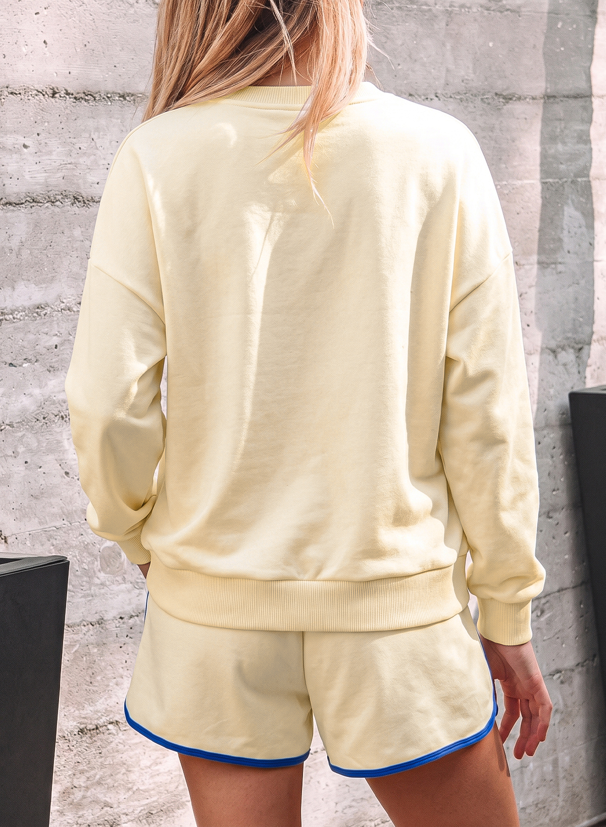 Beige Game Day Short Set, Long Sleeve Crewneck Loungewear - Detail View 2