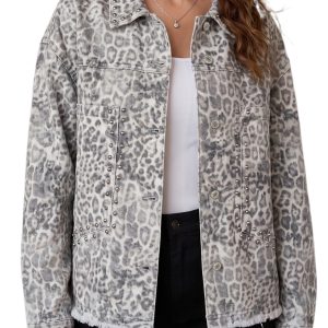 Women's Leopard Denim Jacket, Casual Studded Outerwear - Main View