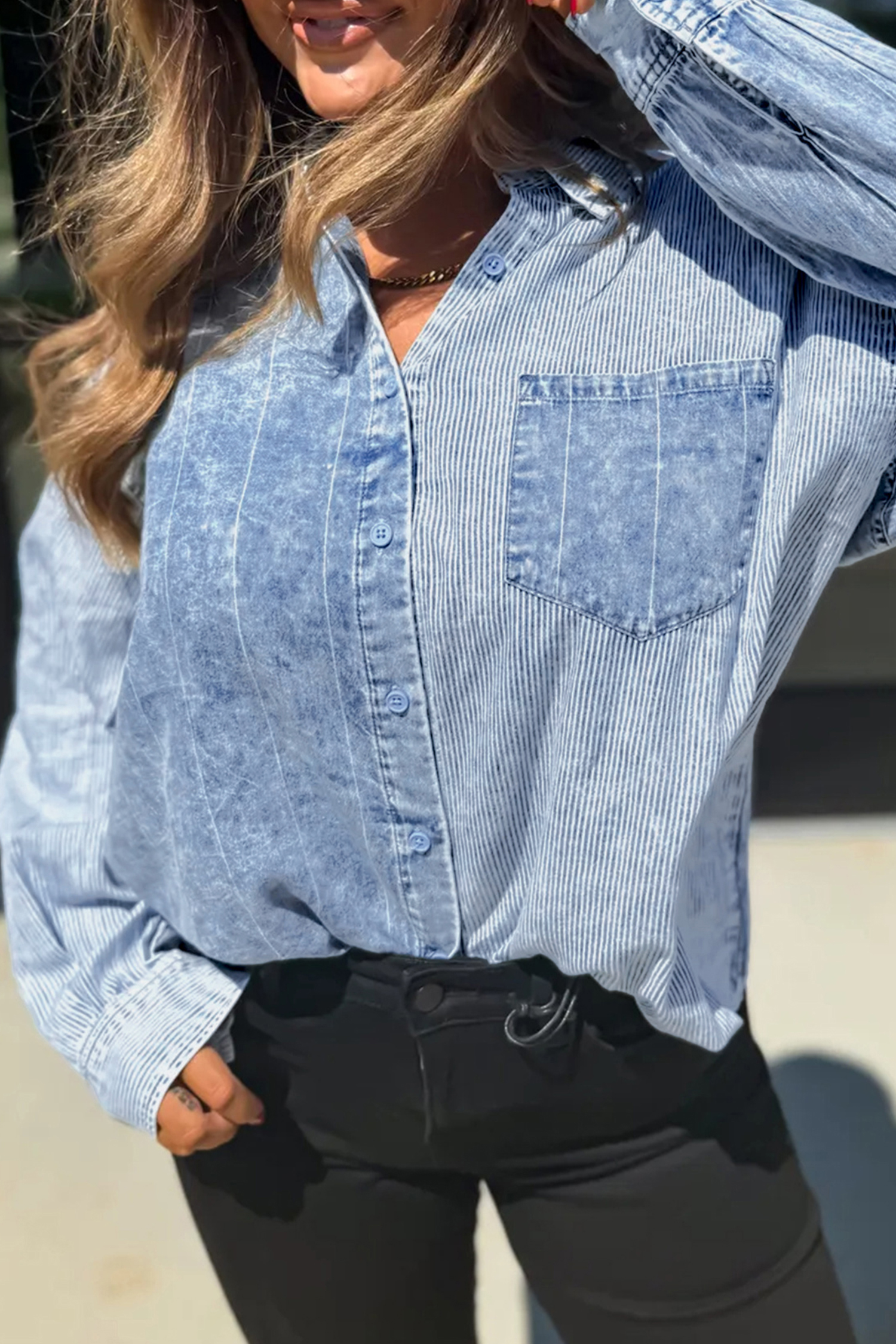 Striped Colorblock Denim Shirt, Women's Casual Top - Detail View 7
