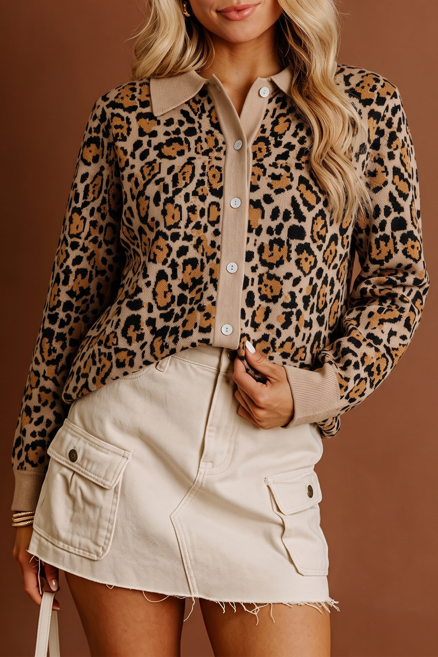 Brown Leopard Knit Cardigan, Chic Long Sleeve Office Layer - Detail View 6